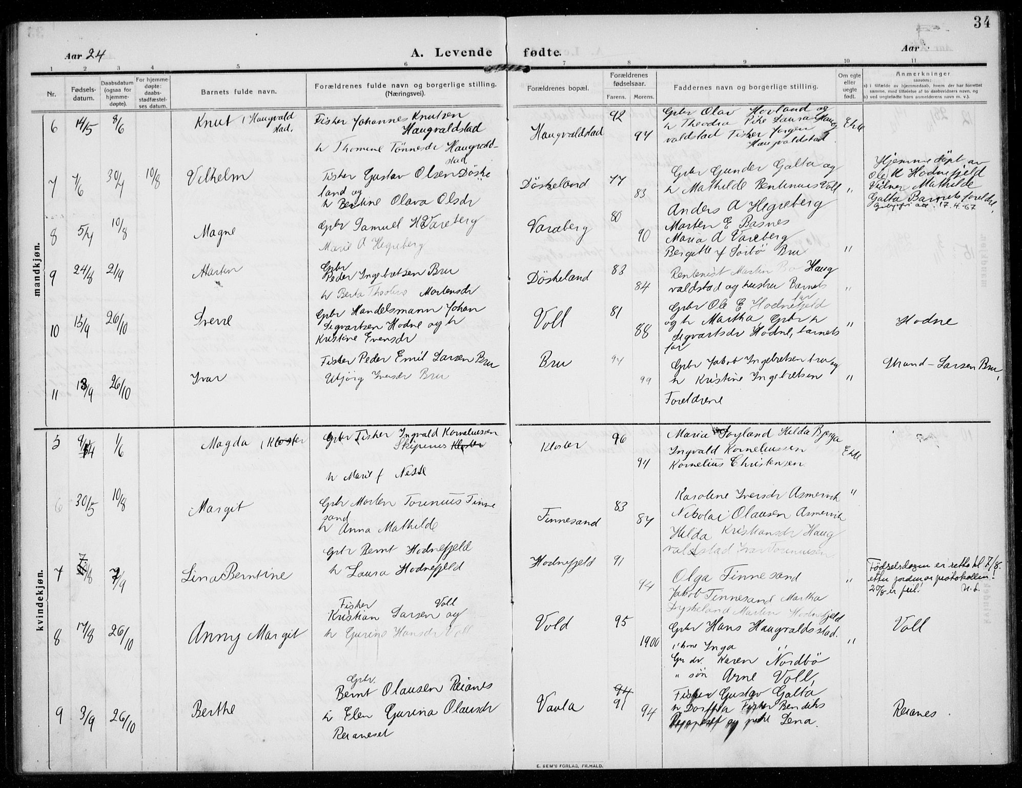 Rennesøy sokneprestkontor, AV/SAST-A -101827/H/Ha/Haa/L0017: Ministerialbok nr. A 17, 1908-1926, s. 34