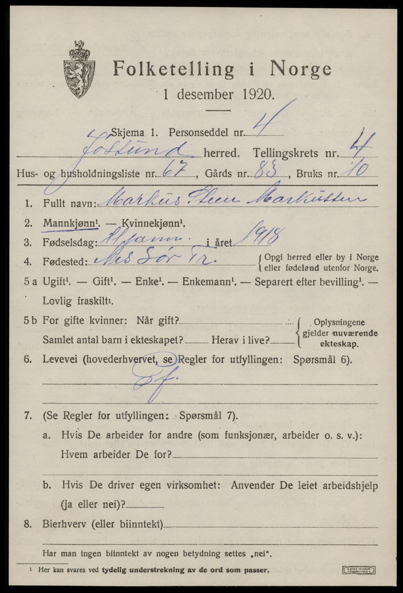 SAT, Folketelling 1920 for 1629 Jøssund herred, 1920, s. 3924