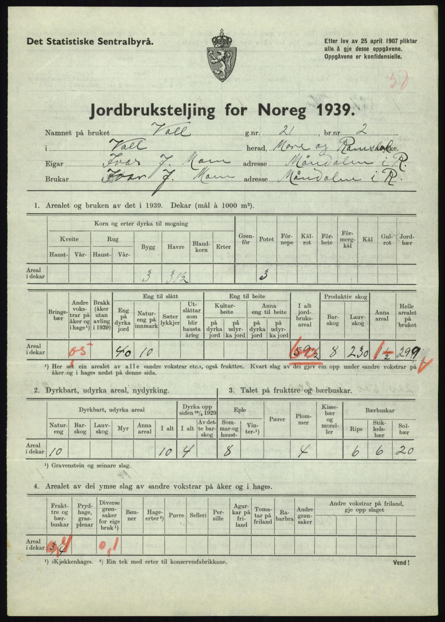 Statistisk sentralbyrå, Næringsøkonomiske emner, Jordbruk, skogbruk, jakt, fiske og fangst, AV/RA-S-2234/G/Gb/L0251: Møre og Romsdal: Voll, Eid, Grytten og Hen, 1939, s. 263