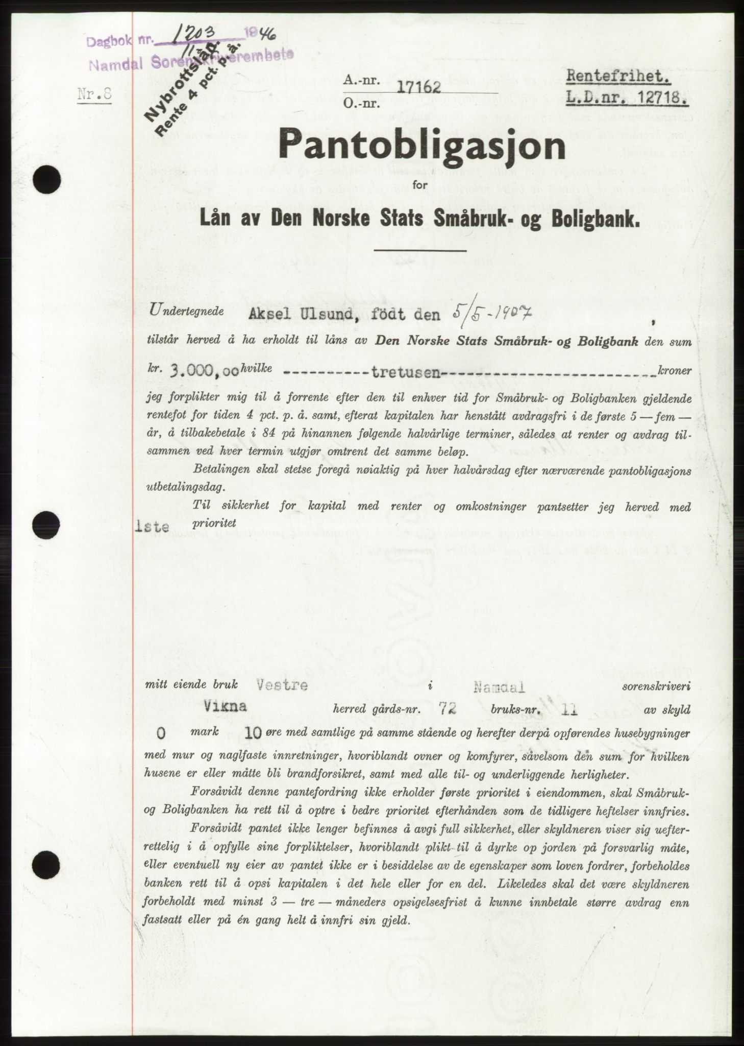 Namdal sorenskriveri, SAT/A-4133/1/2/2C: Pantebok nr. -, 1946-1946, Dagboknr: 1203/1946