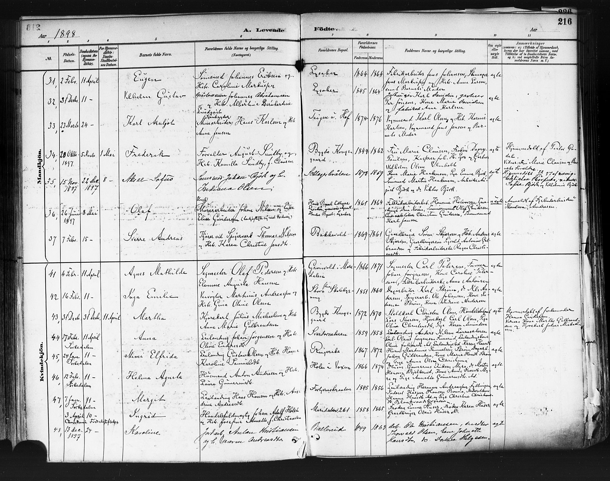 Vestre Aker prestekontor Kirkebøker, AV/SAO-A-10025/F/Fa/L0010: Ministerialbok nr. 10, 1886-1903, s. 216