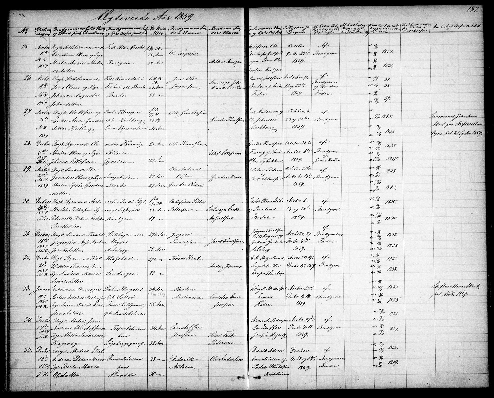 Tromøy sokneprestkontor, SAK/1111-0041/F/Fb/L0003: Klokkerbok nr. B 3, 1859-1868, s. 182