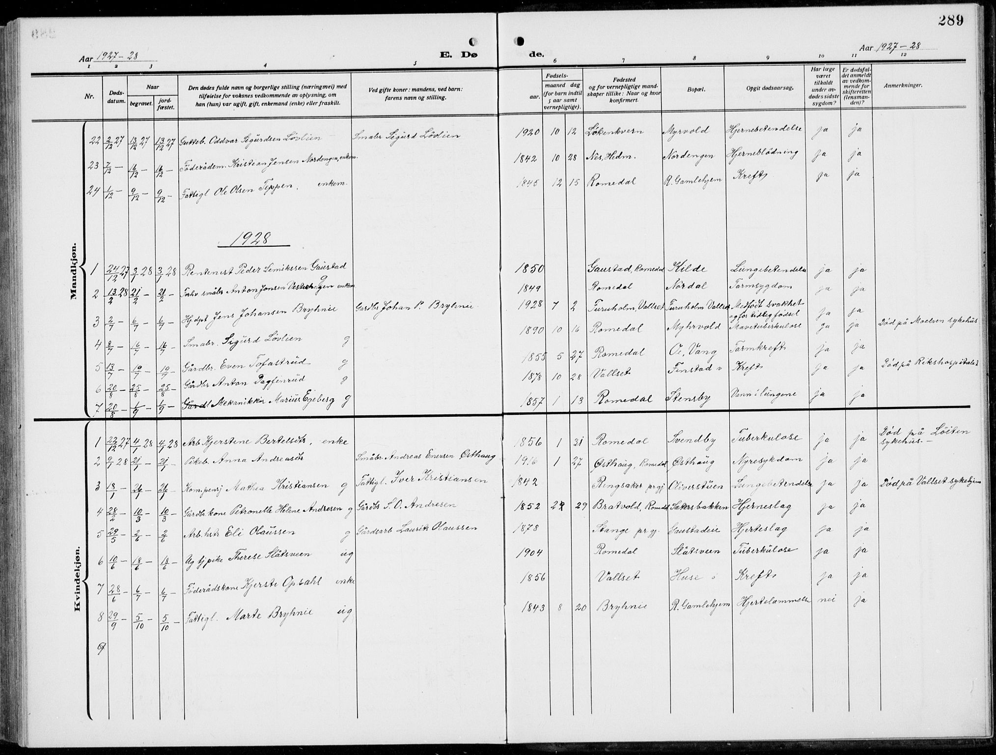 Romedal prestekontor, SAH/PREST-004/L/L0014: Klokkerbok nr. 14, 1915-1939, s. 289