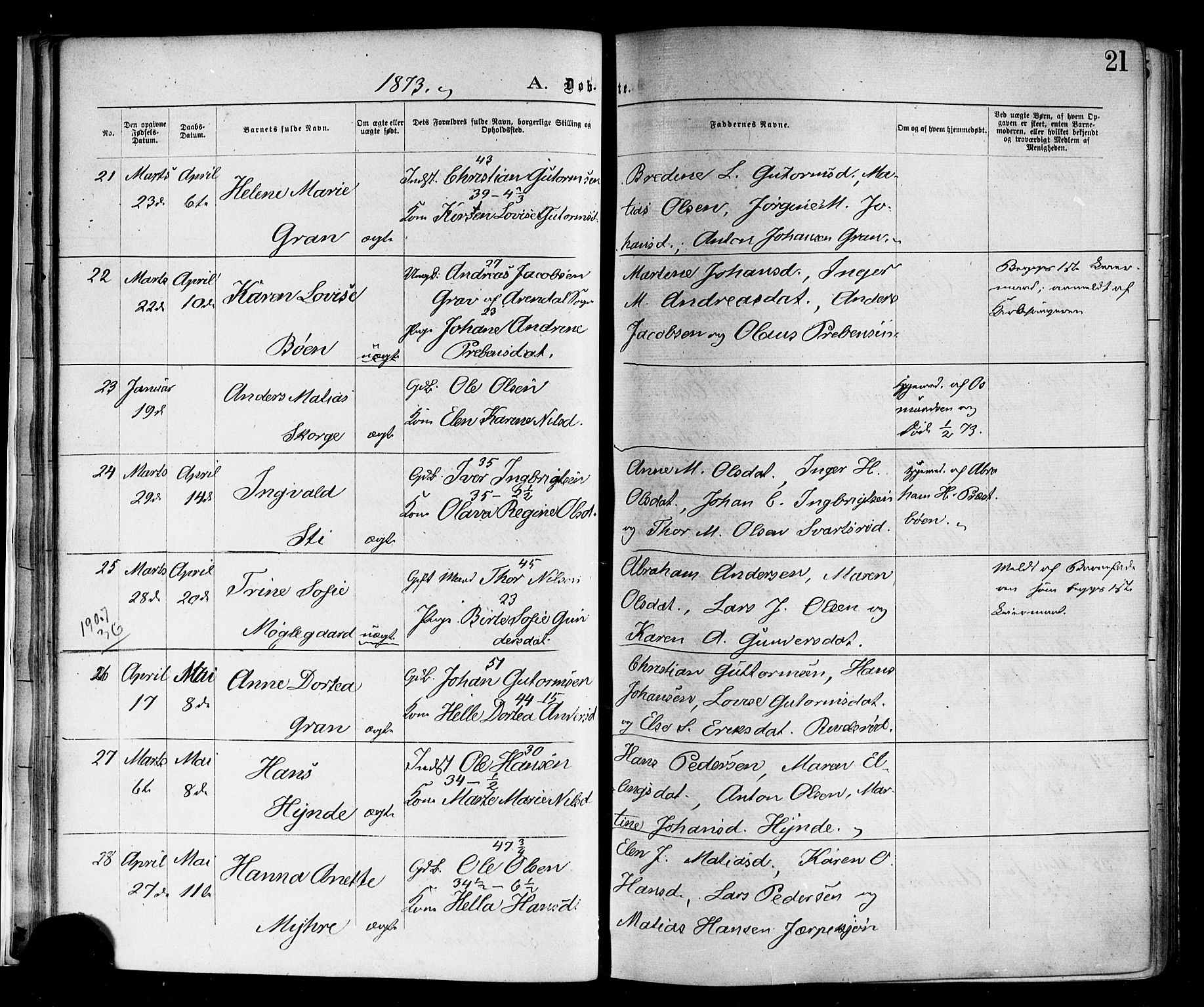 Andebu kirkebøker, AV/SAKO-A-336/F/Fa/L0006: Ministerialbok nr. I 6, 1871-1878, s. 21