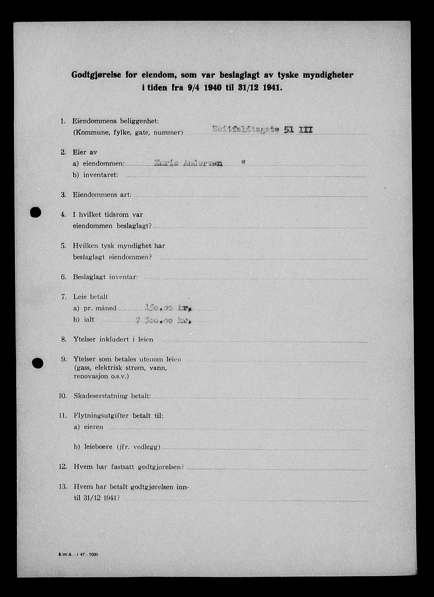 Justisdepartementet, Tilbakeføringskontoret for inndratte formuer, AV/RA-S-1564/I/L1010: Godtgjørelse for beslaglagt eiendom, 1940-1941, s. 315