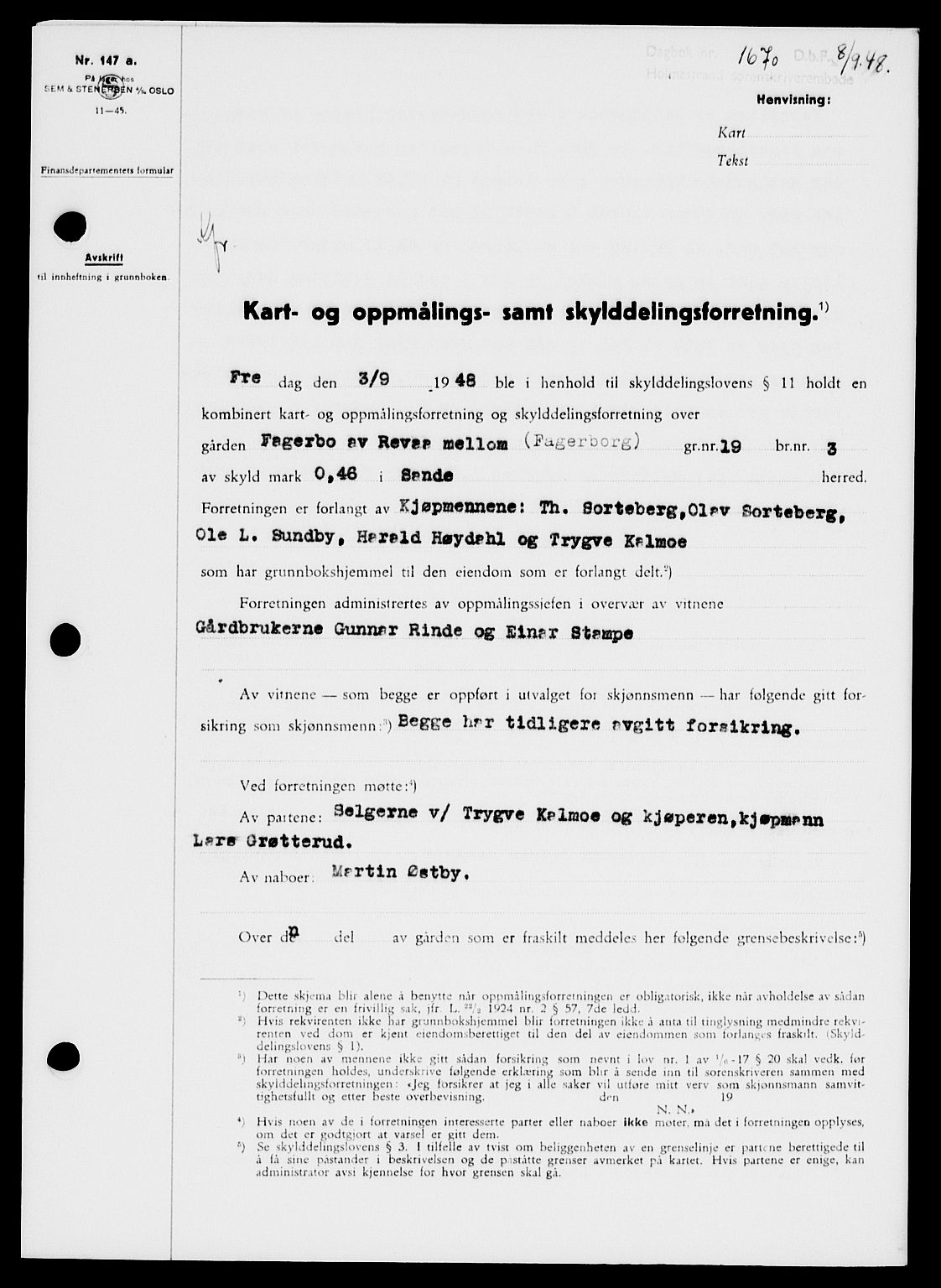 Holmestrand sorenskriveri, SAKO/A-67/G/Ga/Gaa/L0064: Pantebok nr. A-64, 1948-1948, Dagboknr: 1670/1948