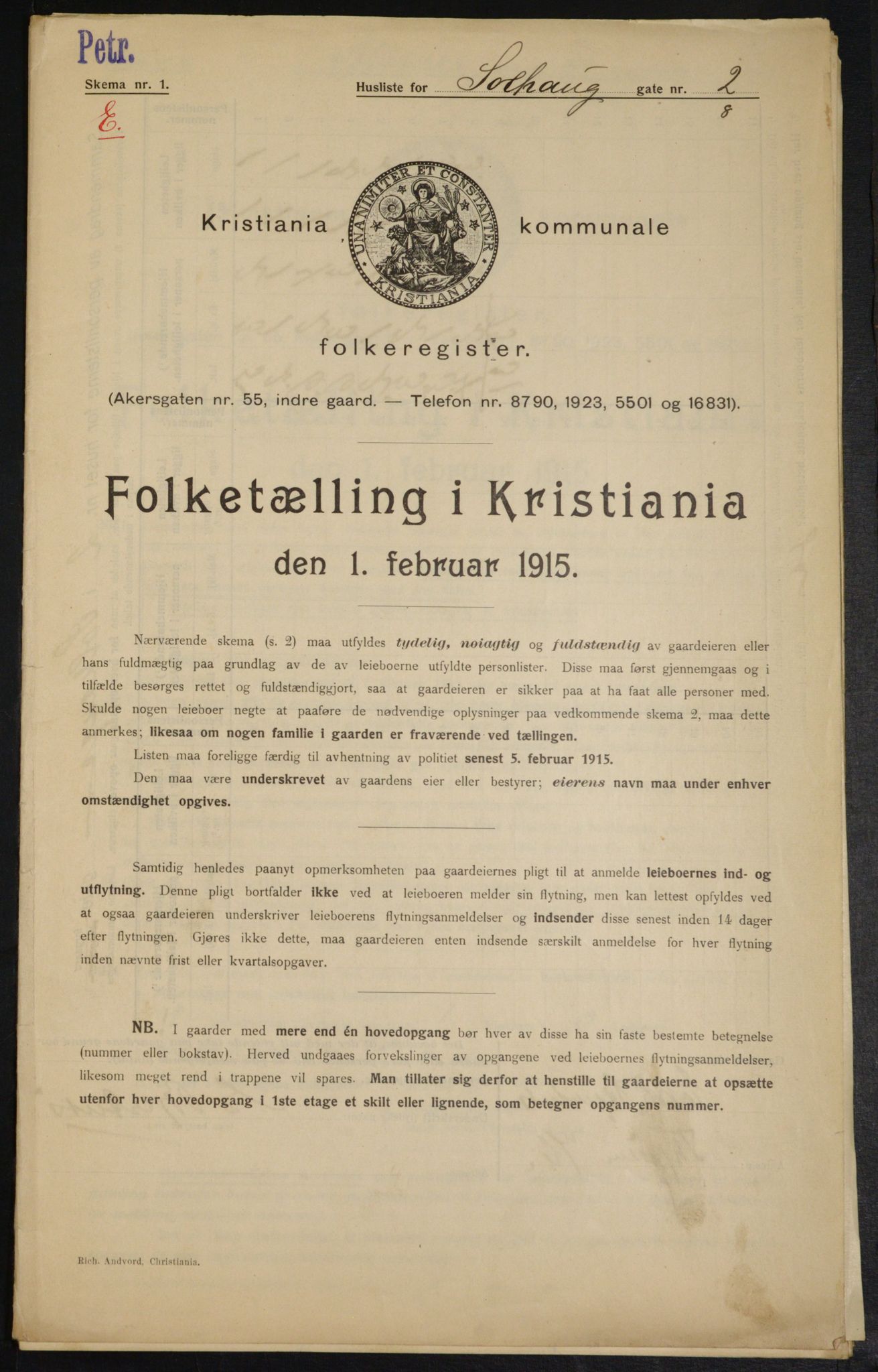 OBA, Kommunal folketelling 1.2.1915 for Kristiania, 1915, s. 99252