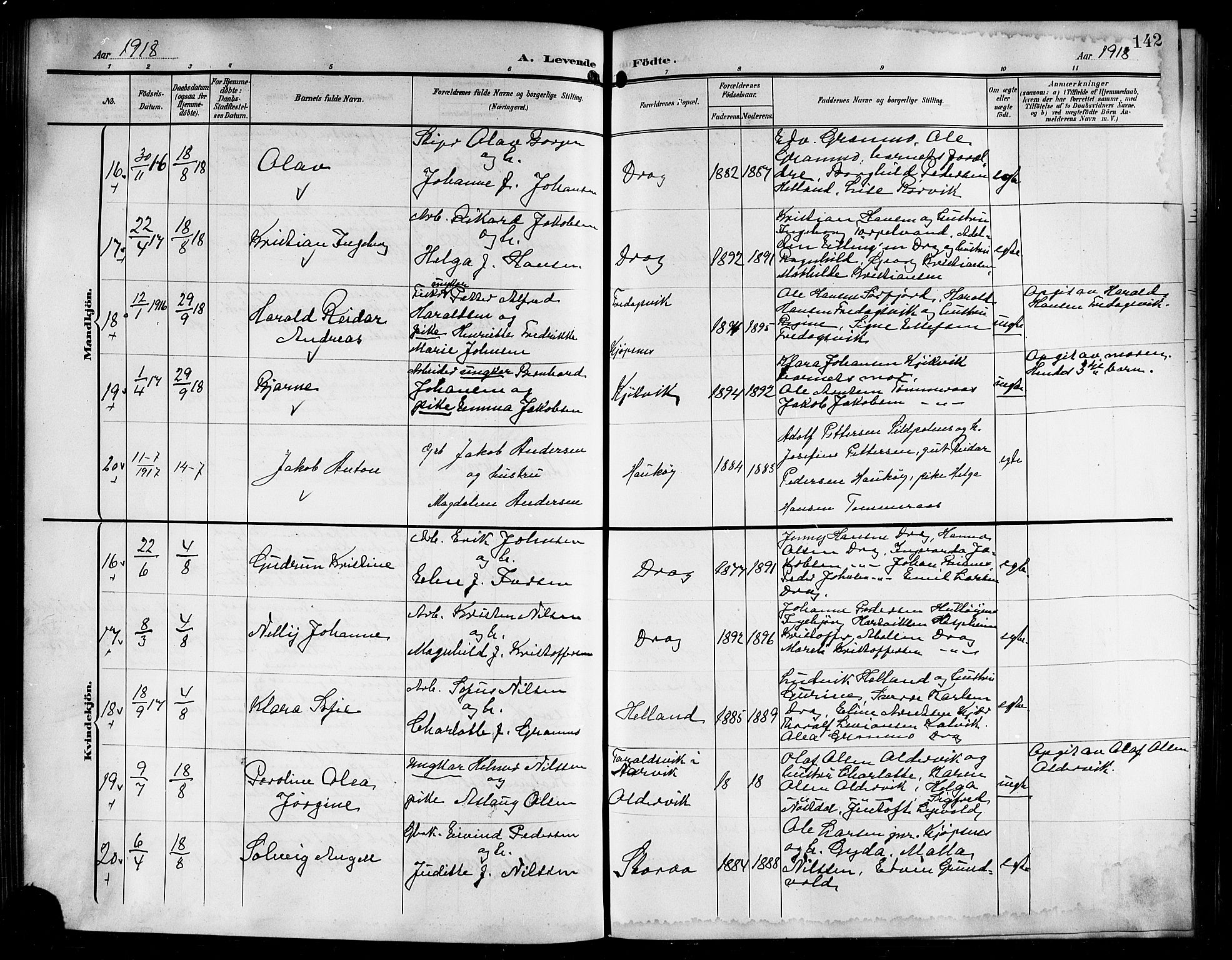 Ministerialprotokoller, klokkerbøker og fødselsregistre - Nordland, AV/SAT-A-1459/861/L0877: Klokkerbok nr. 861C03, 1903-1919, s. 142