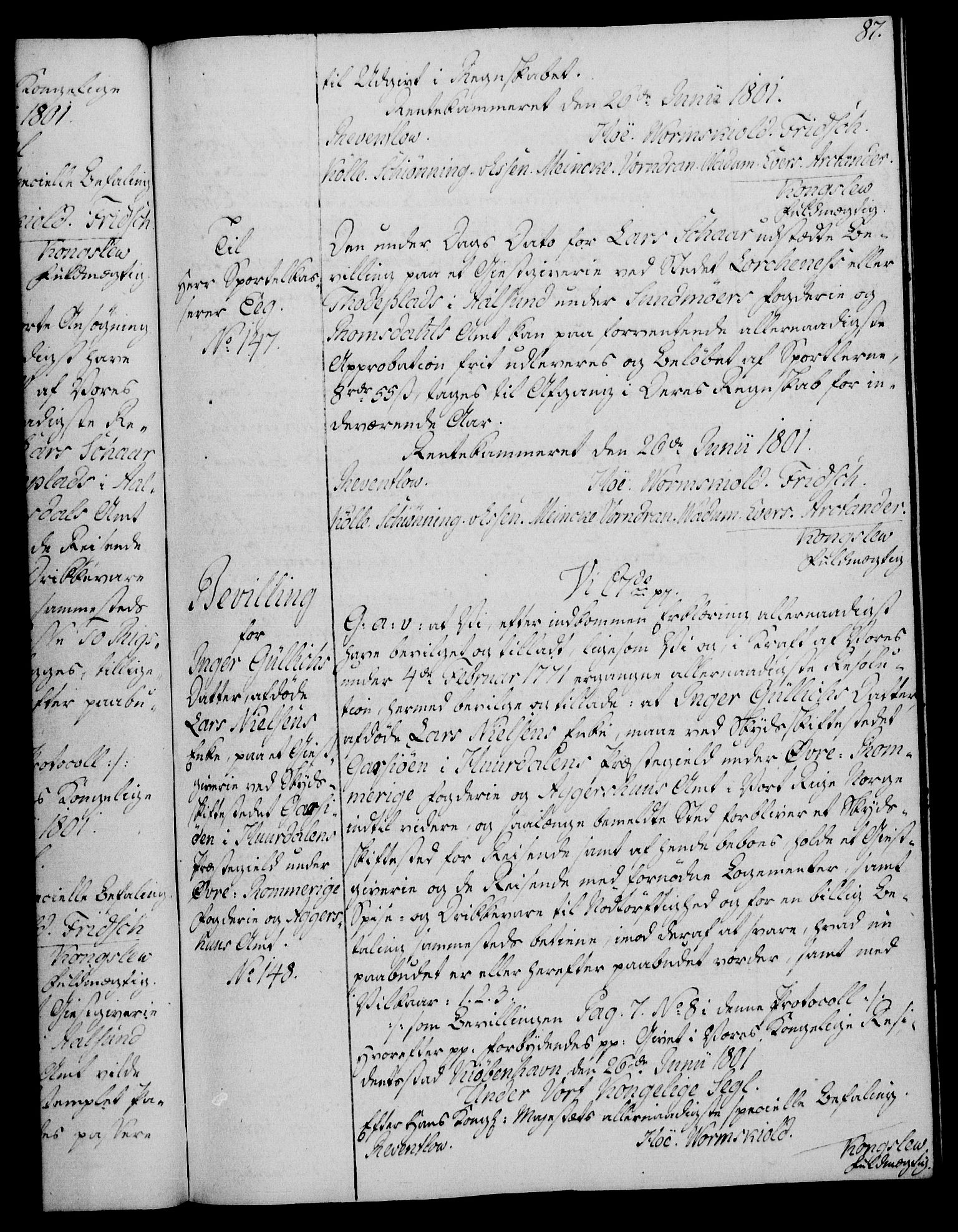 Rentekammeret, Kammerkanselliet, RA/EA-3111/G/Gg/Gga/L0017: Norsk ekspedisjonsprotokoll med register (merket RK 53.17), 1801-1803, s. 87