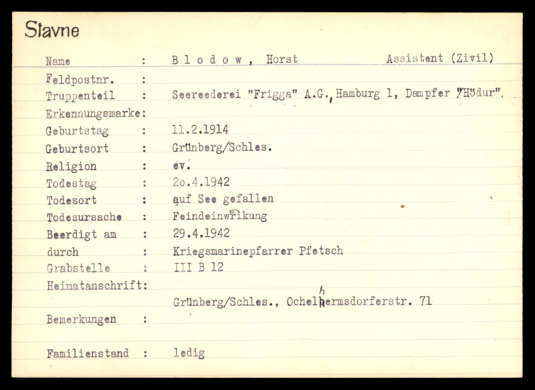 Distriktskontoret for krigsgraver, AV/SAT-A-5030/E/L0003: Kasett/kartotek over tysk Krigskirkegård Stavne, 1945, s. 103