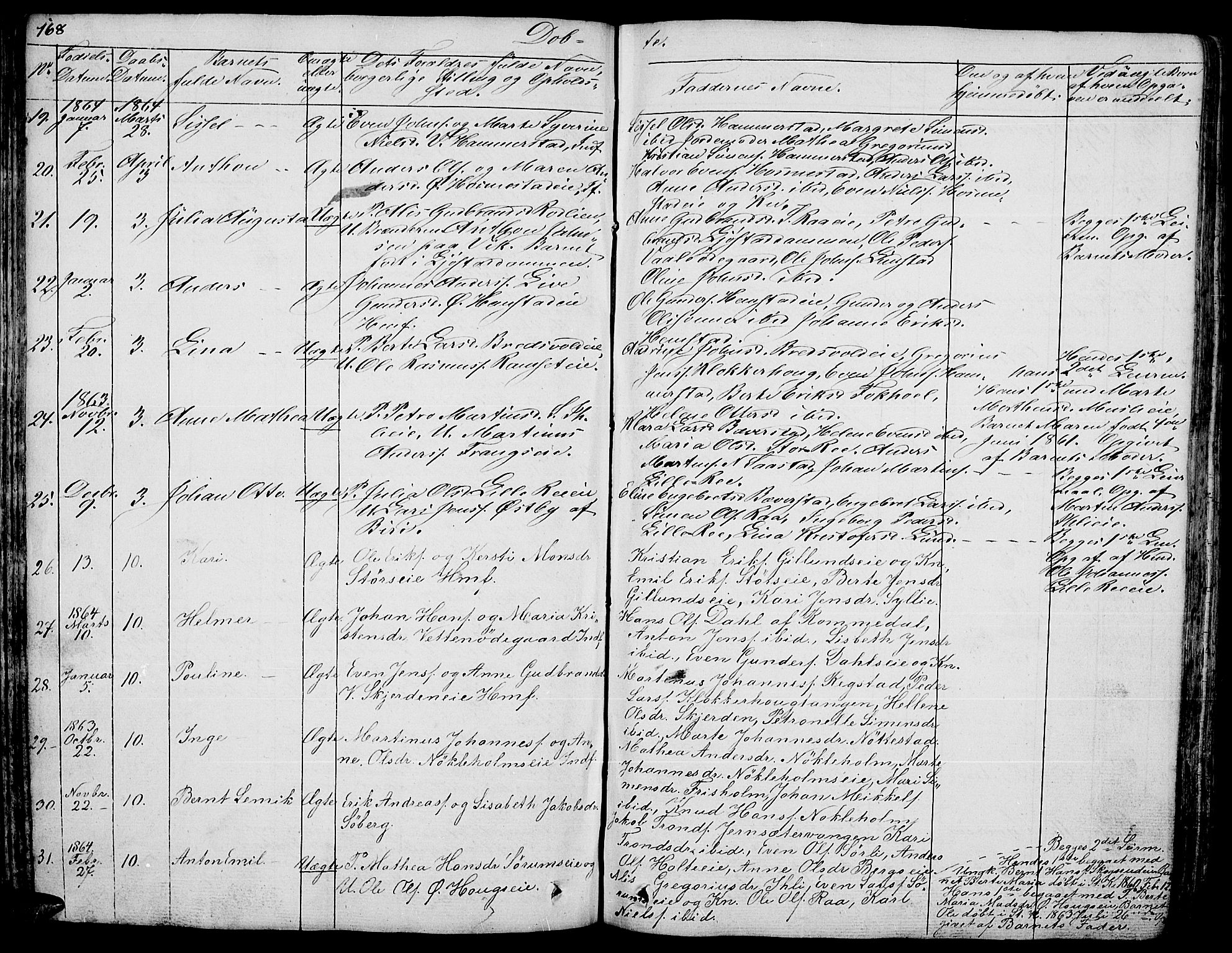 Stange prestekontor, AV/SAH-PREST-002/L/L0003: Klokkerbok nr. 3, 1840-1864, s. 168