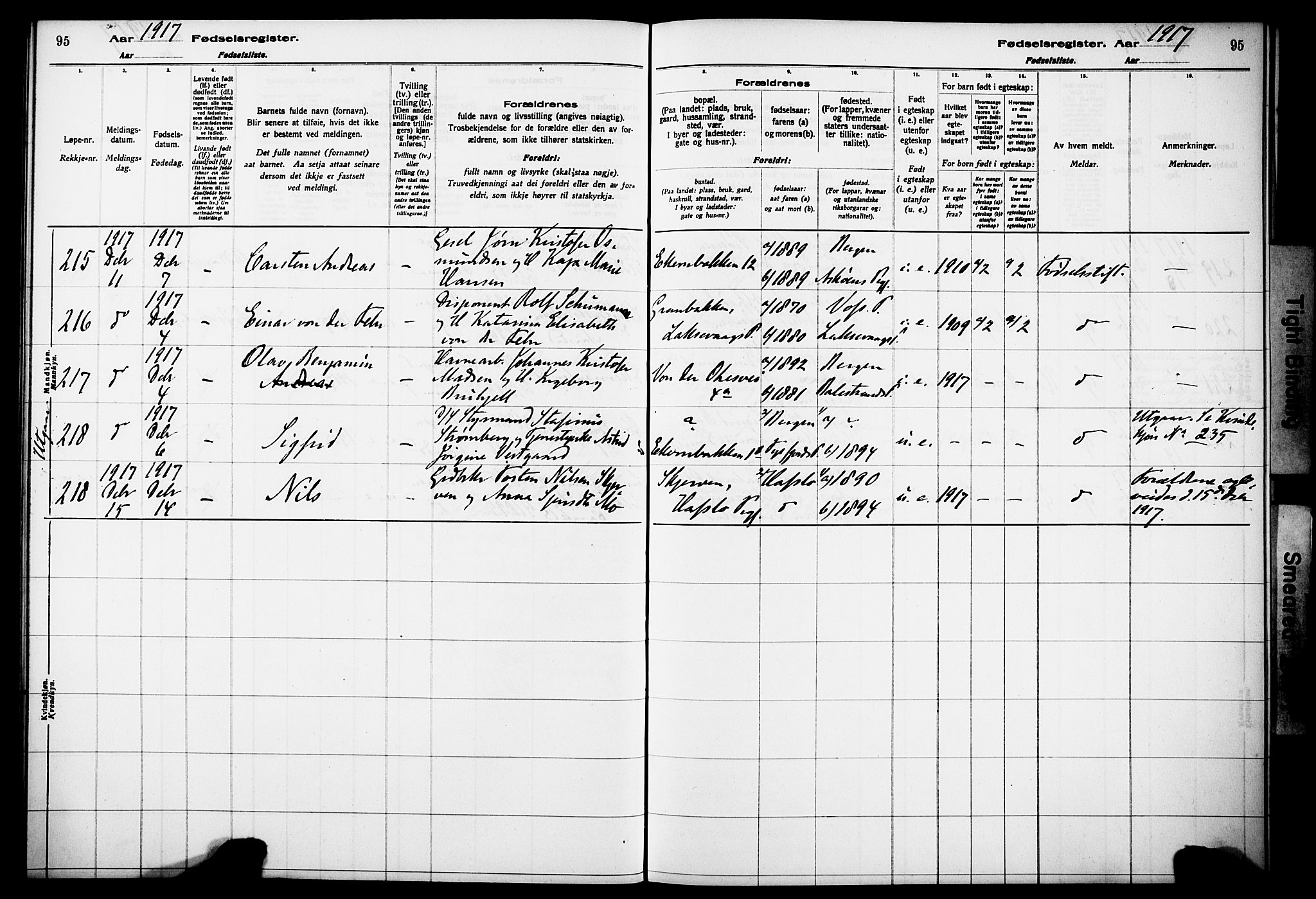 Kvinneklinikken, AV/SAB-A-76301/F/L0A01: Fødselsregister nr. A 1, 1916-1920, s. 95