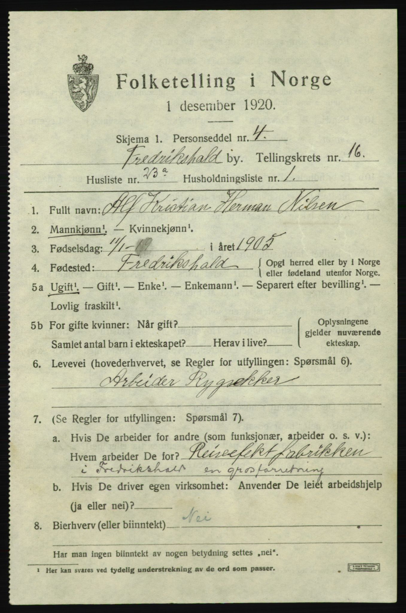 SAO, Folketelling 1920 for 0101 Fredrikshald kjøpstad, 1920, s. 25565