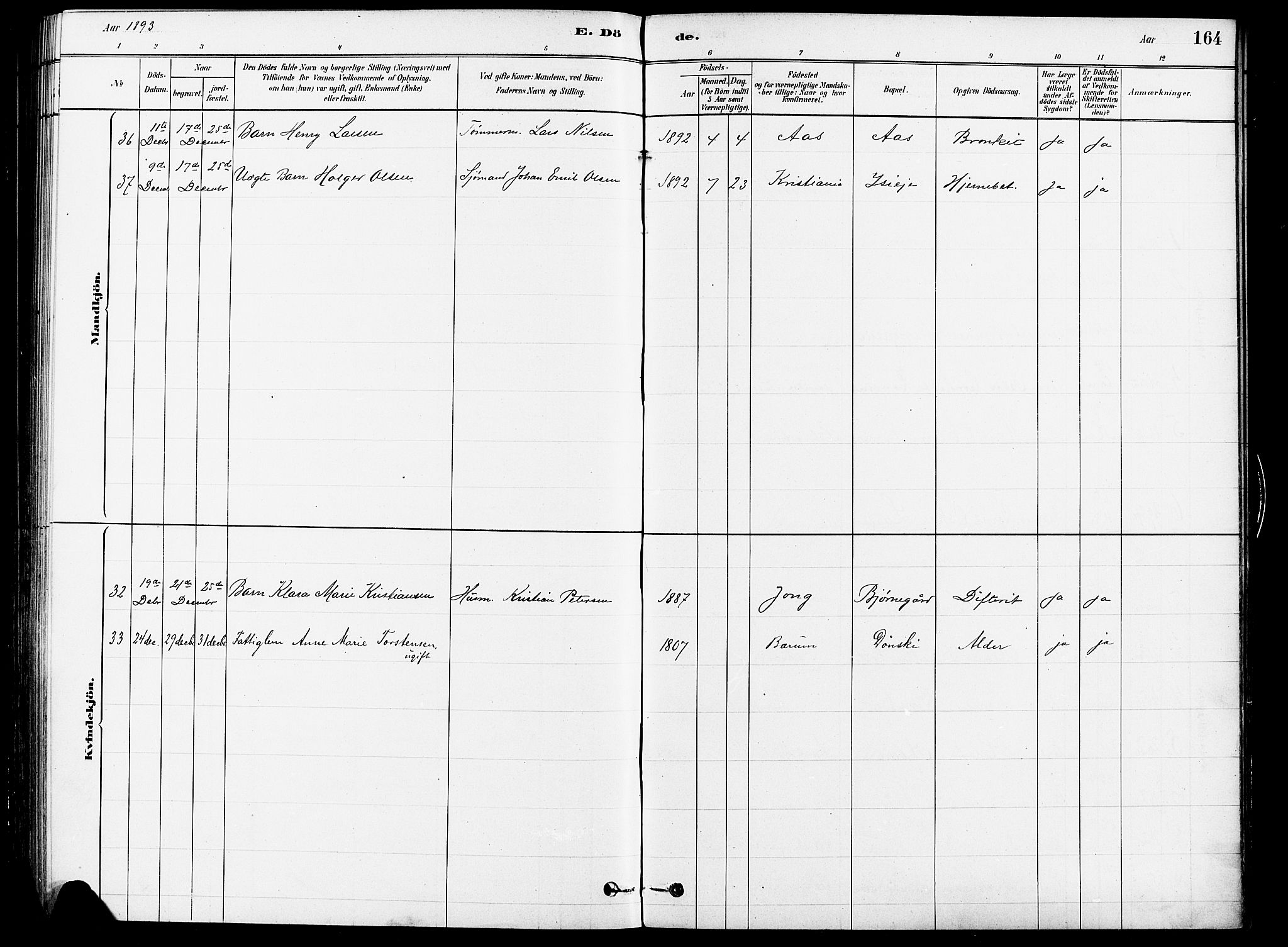 Asker prestekontor Kirkebøker, SAO/A-10256a/F/Fb/L0001: Ministerialbok nr. II 1, 1879-1895, s. 164