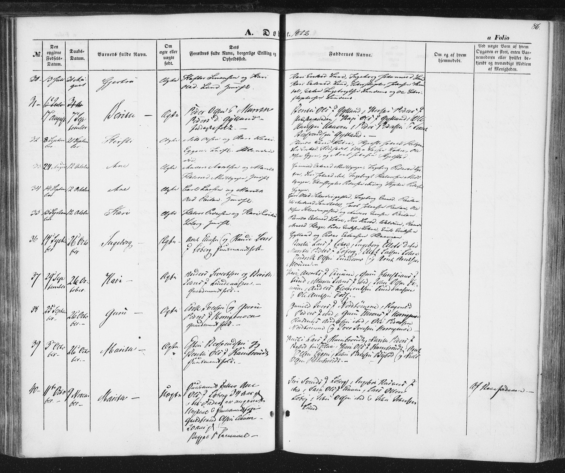 Ministerialprotokoller, klokkerbøker og fødselsregistre - Sør-Trøndelag, SAT/A-1456/692/L1103: Ministerialbok nr. 692A03, 1849-1870, s. 86
