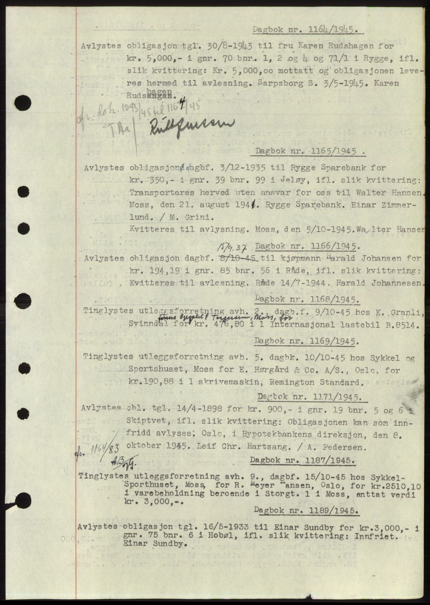 Moss sorenskriveri, SAO/A-10168: Pantebok nr. C10, 1938-1950, Dagboknr: 1164/1945
