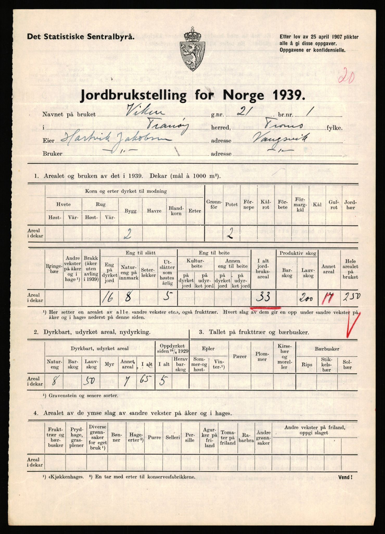 Statistisk sentralbyrå, Næringsøkonomiske emner, Jordbruk, skogbruk, jakt, fiske og fangst, AV/RA-S-2234/G/Gb/L0341: Troms: Sørreisa og Tranøy, 1939, s. 1124