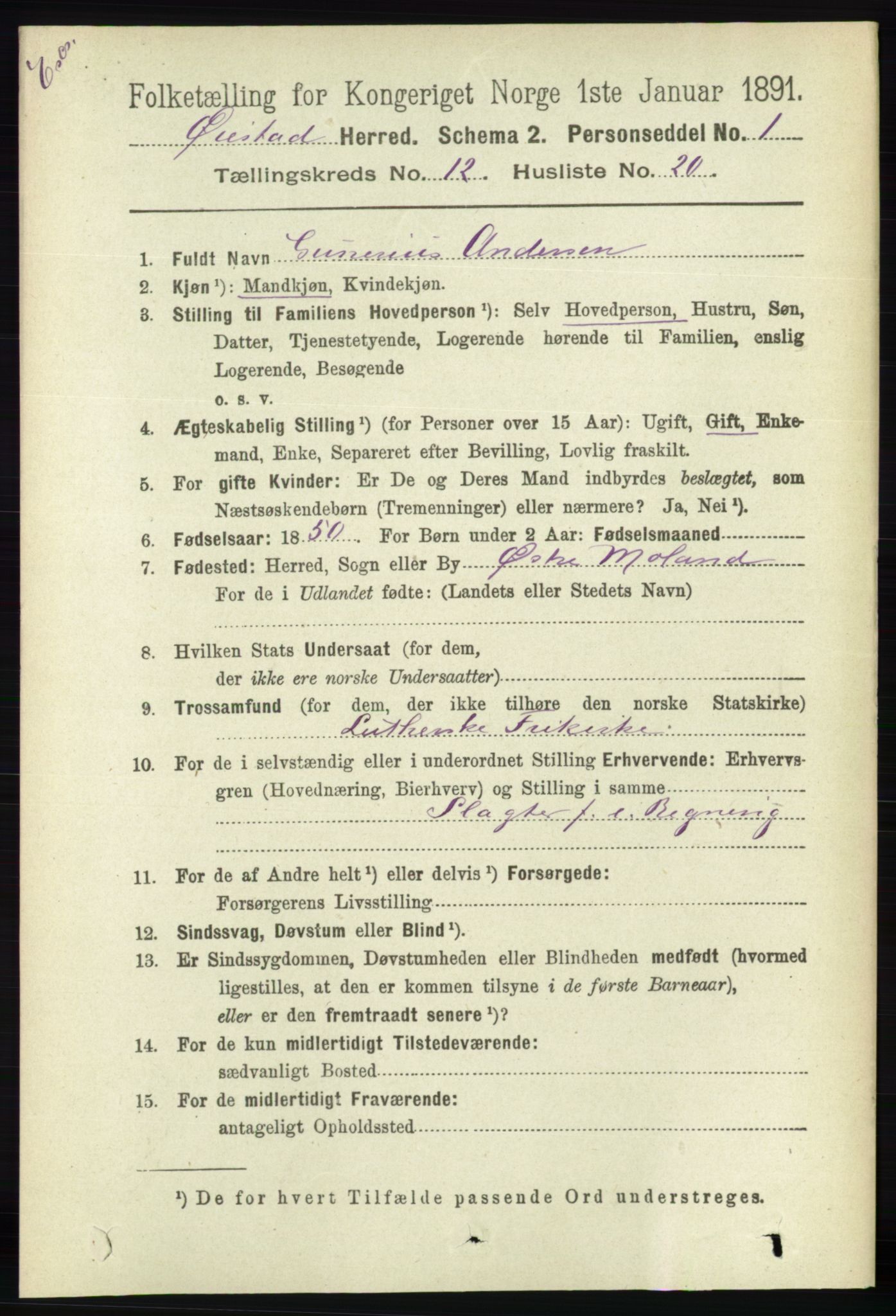 RA, Folketelling 1891 for Nedenes amt: Gjenparter av personsedler for beslektede ektefeller, menn, 1891, s. 675