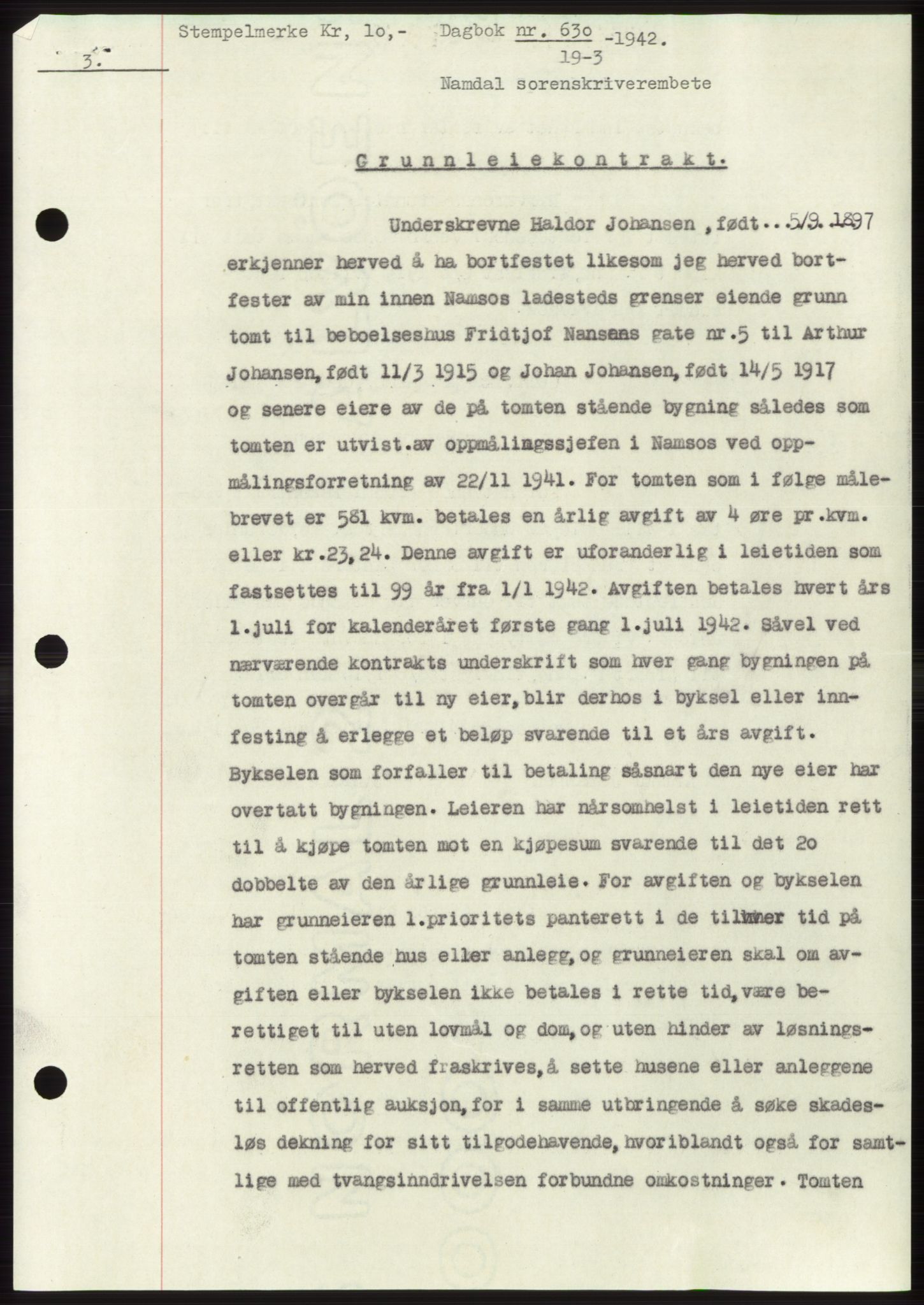 Namdal sorenskriveri, SAT/A-4133/1/2/2C: Pantebok nr. -, 1941-1942, Dagboknr: 630/1942