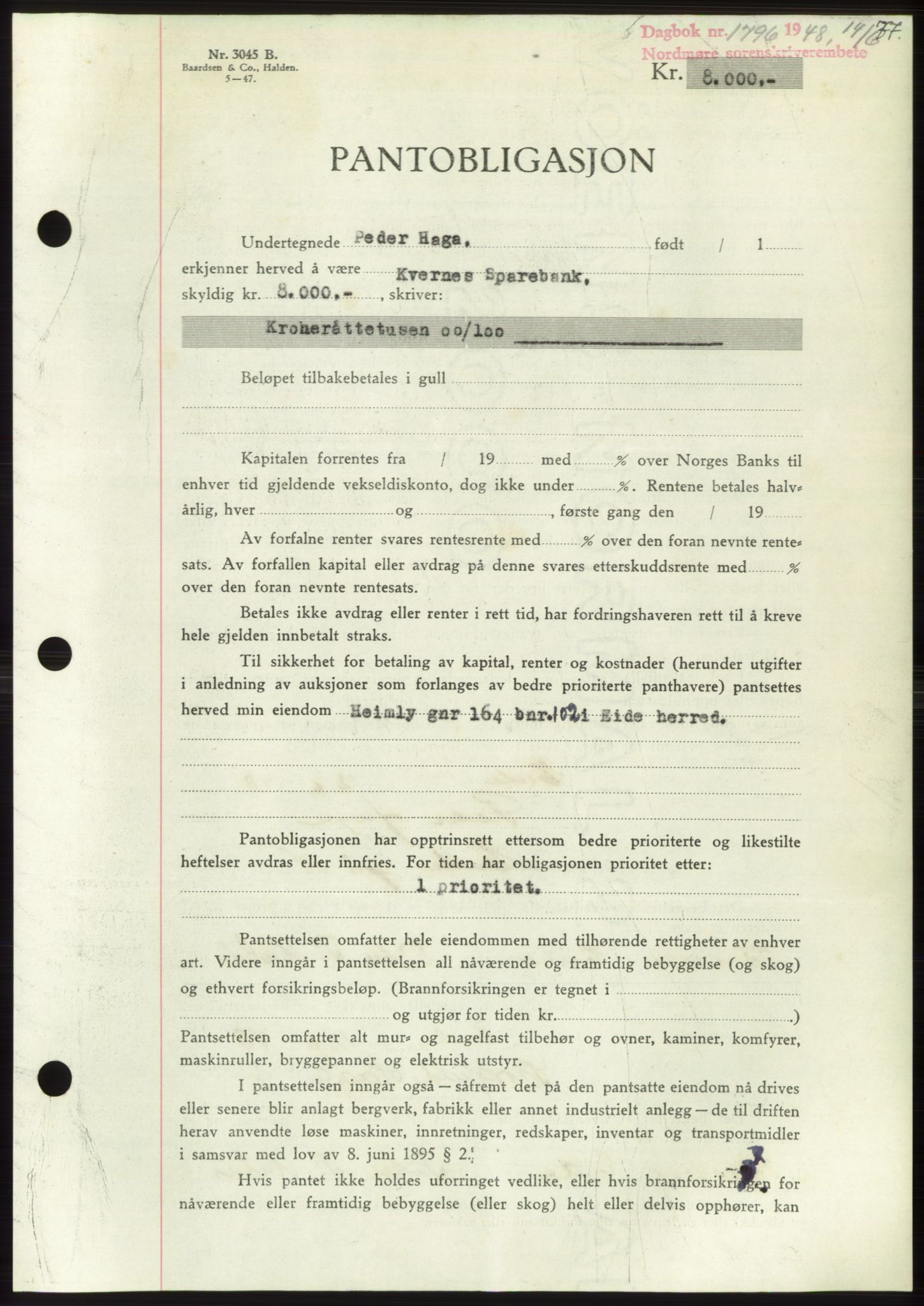 Nordmøre sorenskriveri, SAT/A-4132/1/2/2Ca: Pantebok nr. B99, 1948-1948, Dagboknr: 1796/1948