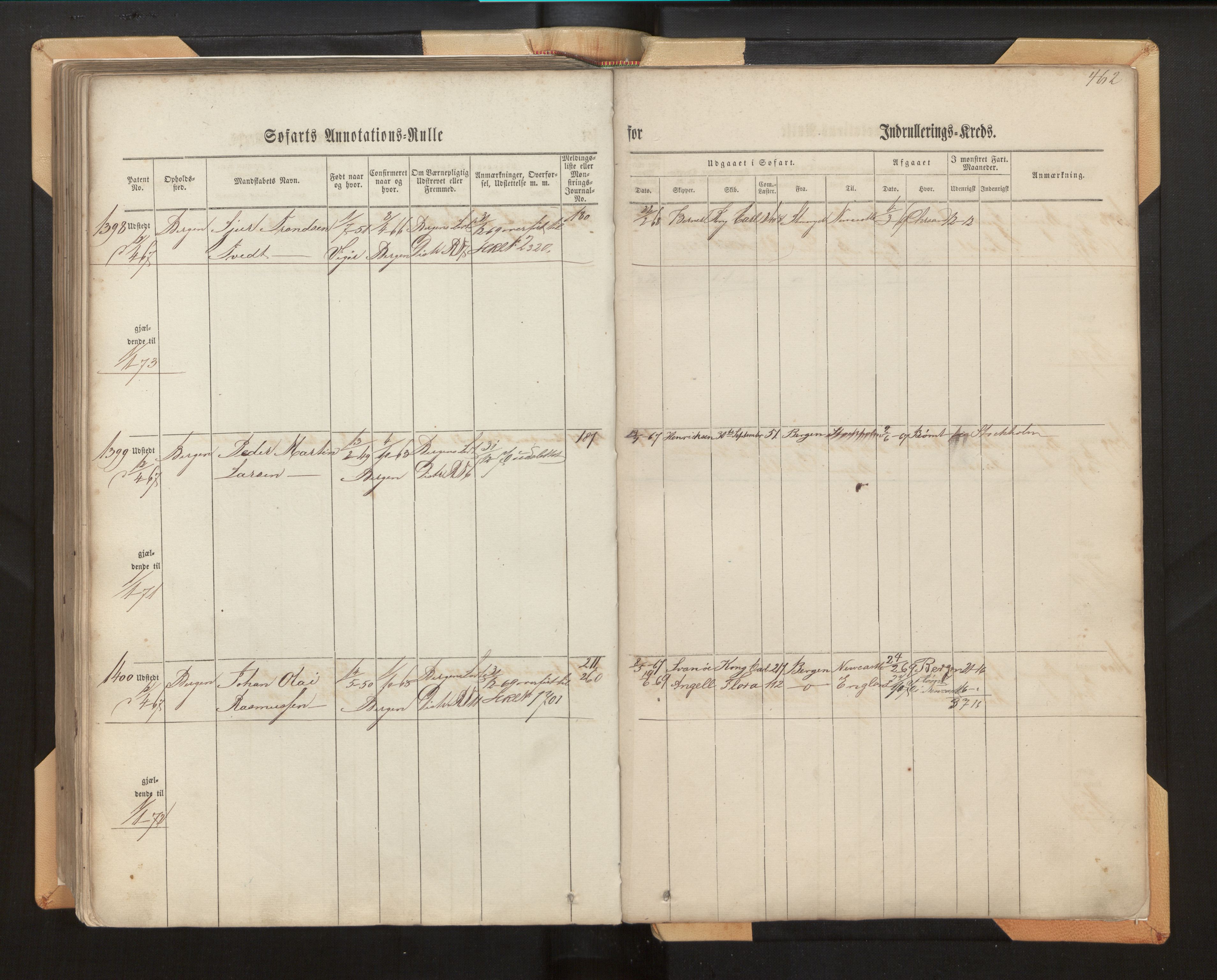 Innrulleringssjefen i Bergen, AV/SAB-A-100050/F/Fh/L0006: Sjøfarts- og annotasjonsrulle for Bergen krets, fol. 239 - ut, 1860-1867, s. 462