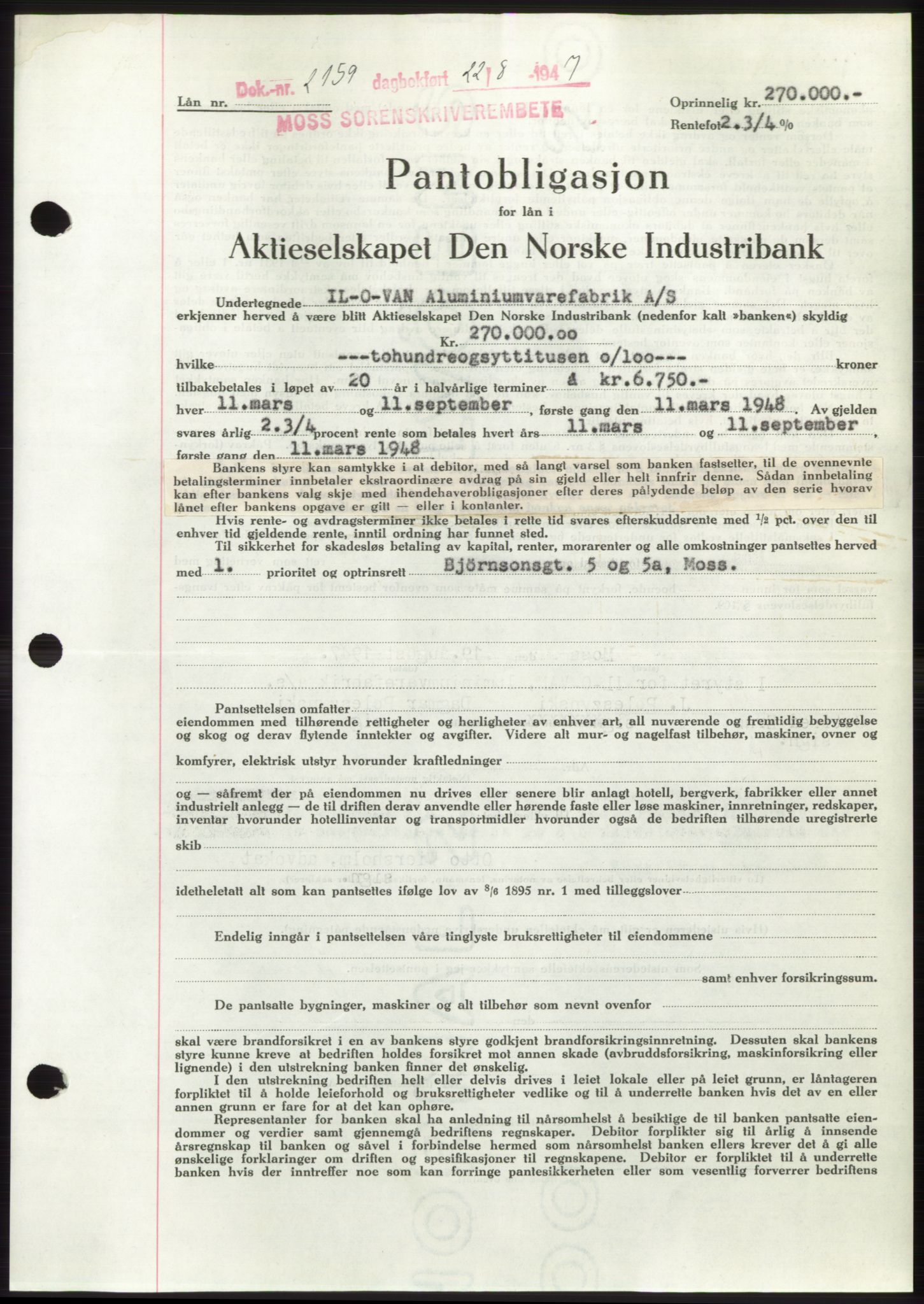 Moss sorenskriveri, SAO/A-10168: Pantebok nr. B17, 1947-1947, Dagboknr: 2159/1947