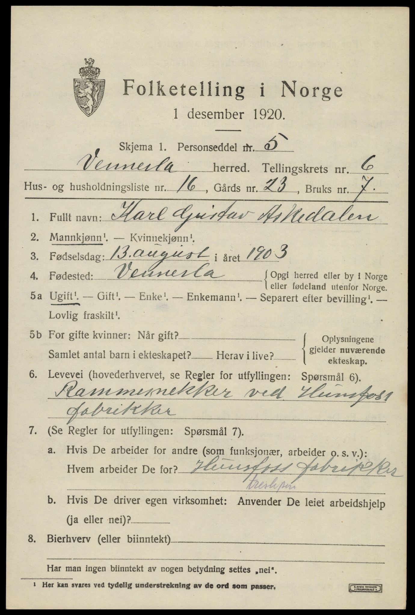 SAK, Folketelling 1920 for 1014 Vennesla herred, 1920, s. 4502