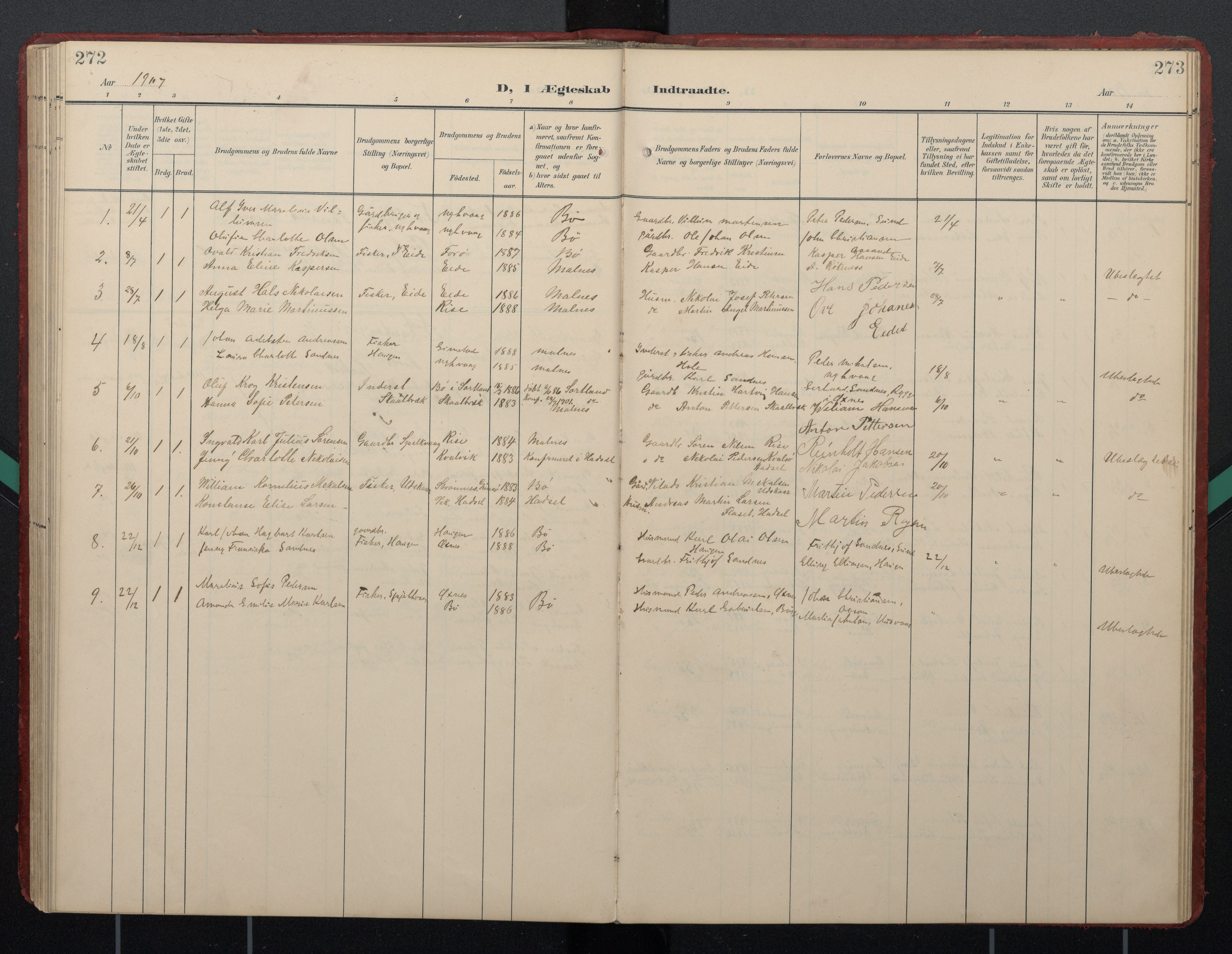 Ministerialprotokoller, klokkerbøker og fødselsregistre - Nordland, SAT/A-1459/892/L1322: Ministerialbok nr. 892A03, 1904-1921, s. 272-273