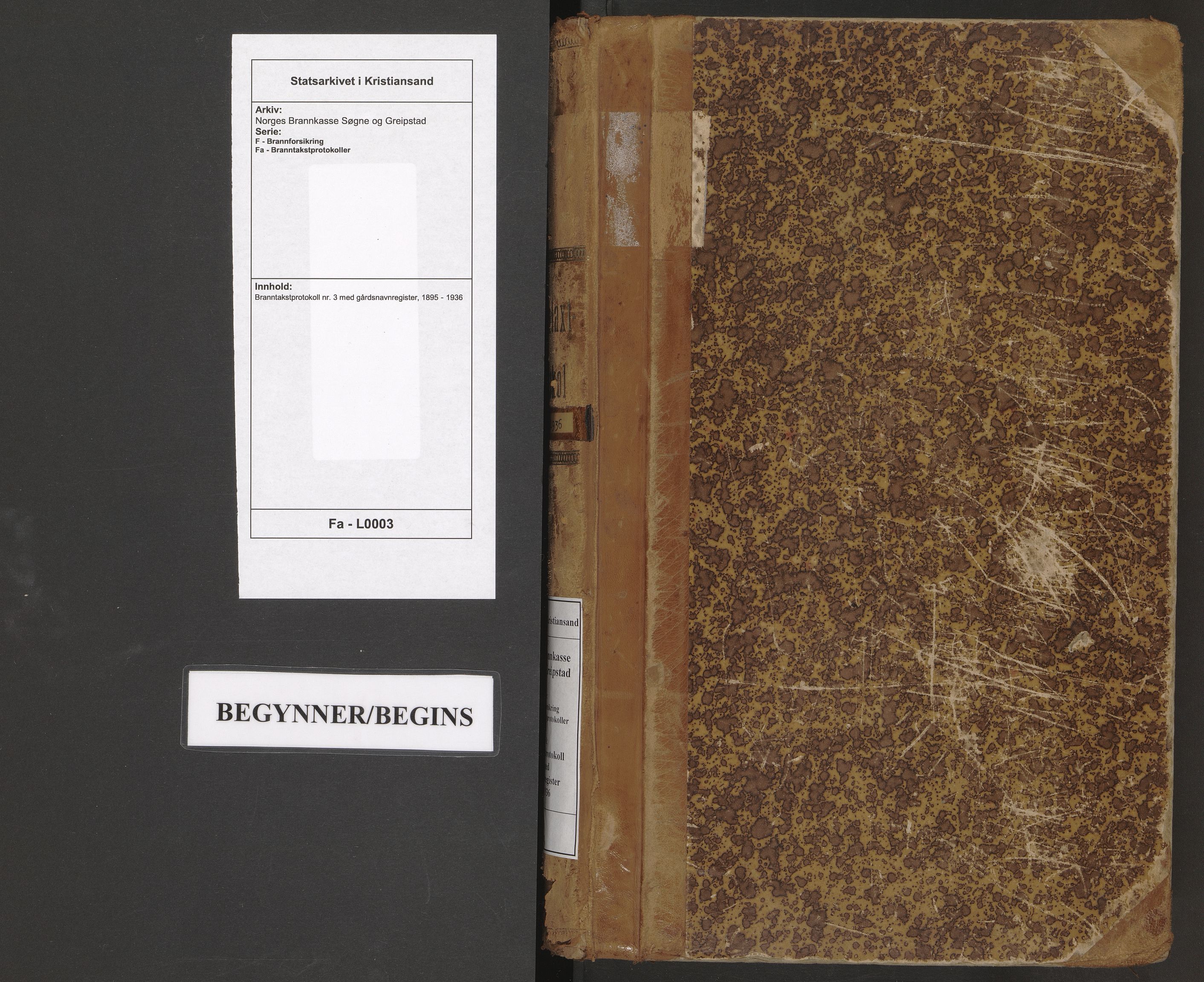 Norges Brannkasse Søgne og Greipstad, SAK/2241-0046/F/Fa/L0003: Branntakstprotokoll nr. 3 med gårdsnavnregister, 1895-1936