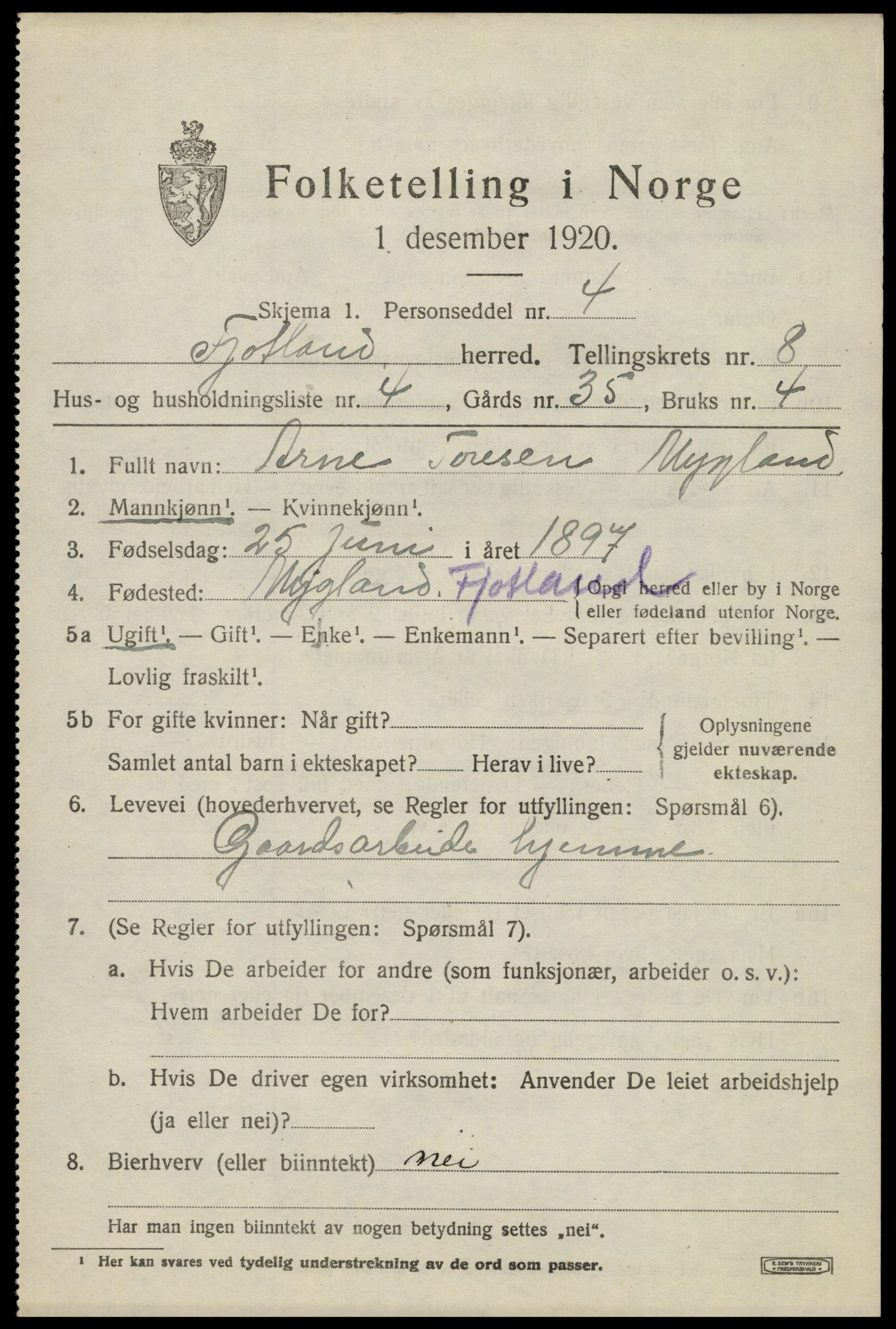 SAK, Folketelling 1920 for 1036 Fjotland herred, 1920, s. 2040