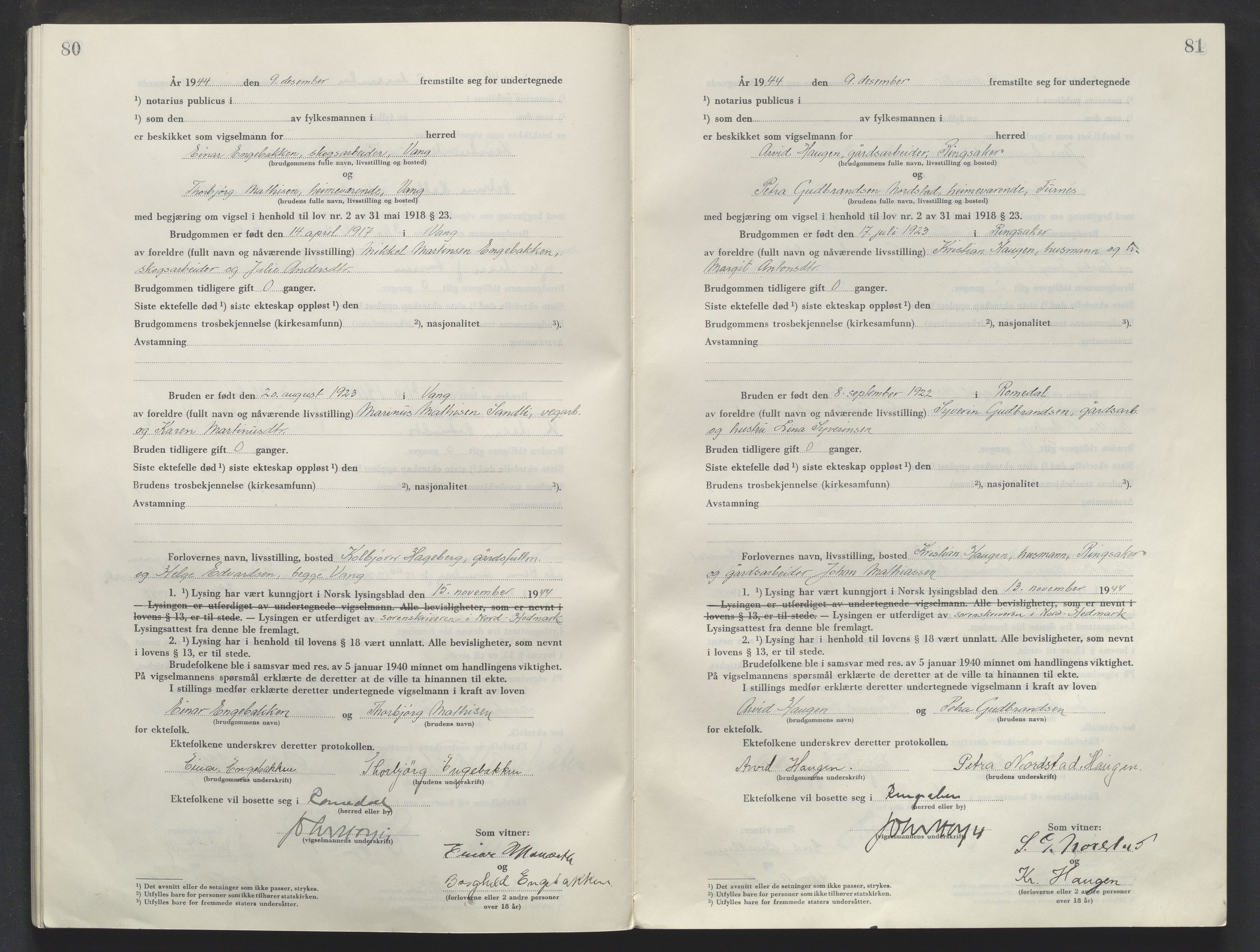 Sør-Hedmark sorenskriveri, AV/SAH-TING-014/L/Le/L0002/0001: Vigselsbøker / Vigselbok, 1944-1945, s. 82-83