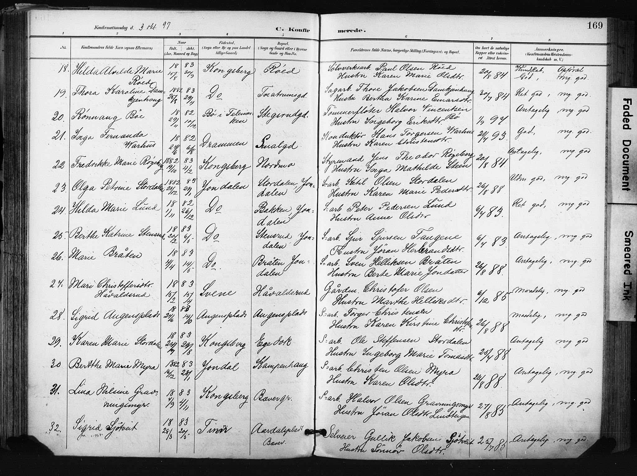 Kongsberg kirkebøker, AV/SAKO-A-22/F/Fb/L0003: Ministerialbok nr. II 3, 1896-1905, s. 169