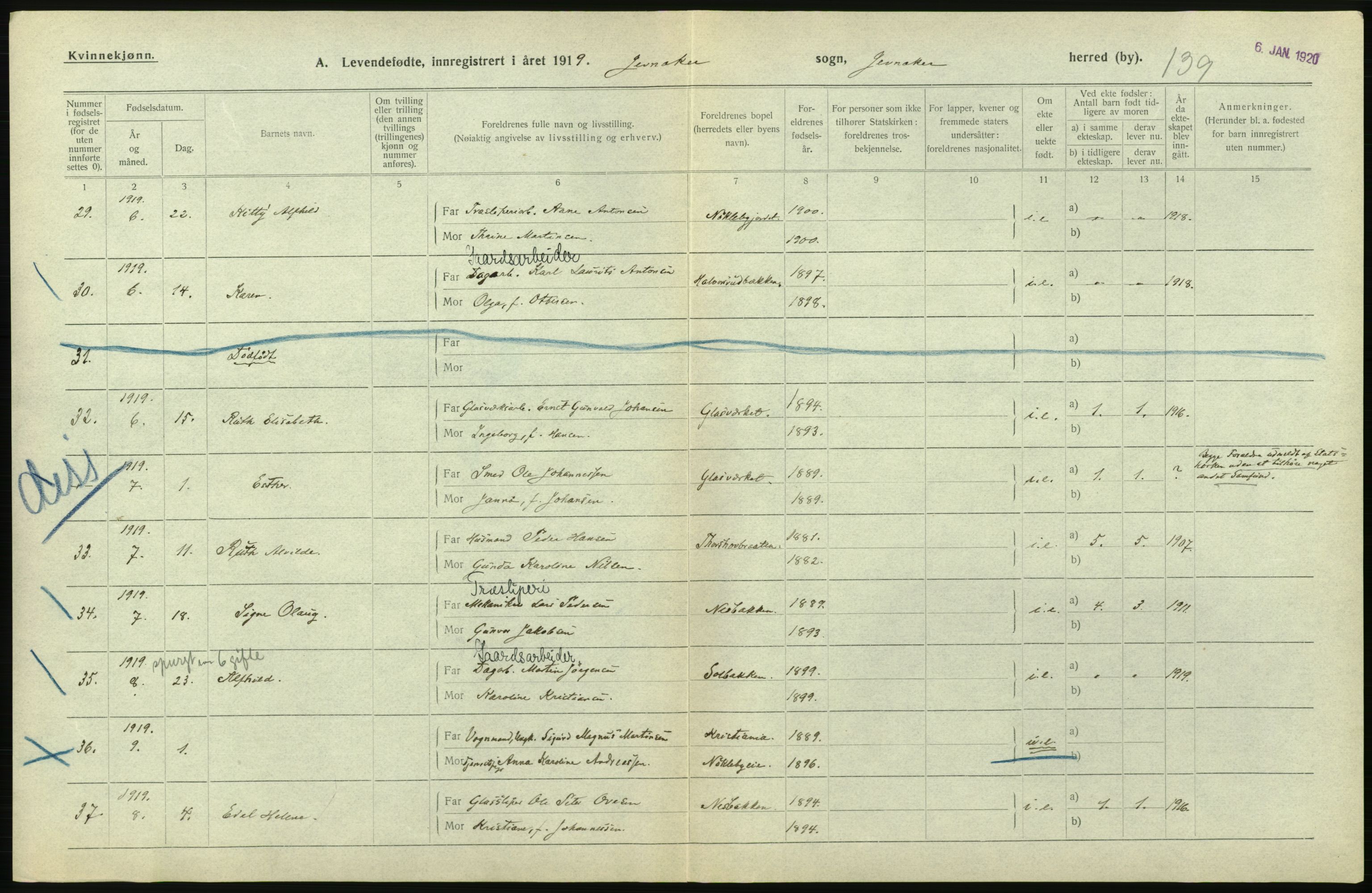 Statistisk sentralbyrå, Sosiodemografiske emner, Befolkning, AV/RA-S-2228/D/Df/Dfb/Dfbi/L0014: Oppland fylke: Levendefødte menn og kvinner. Bygder og byer., 1919, s. 484