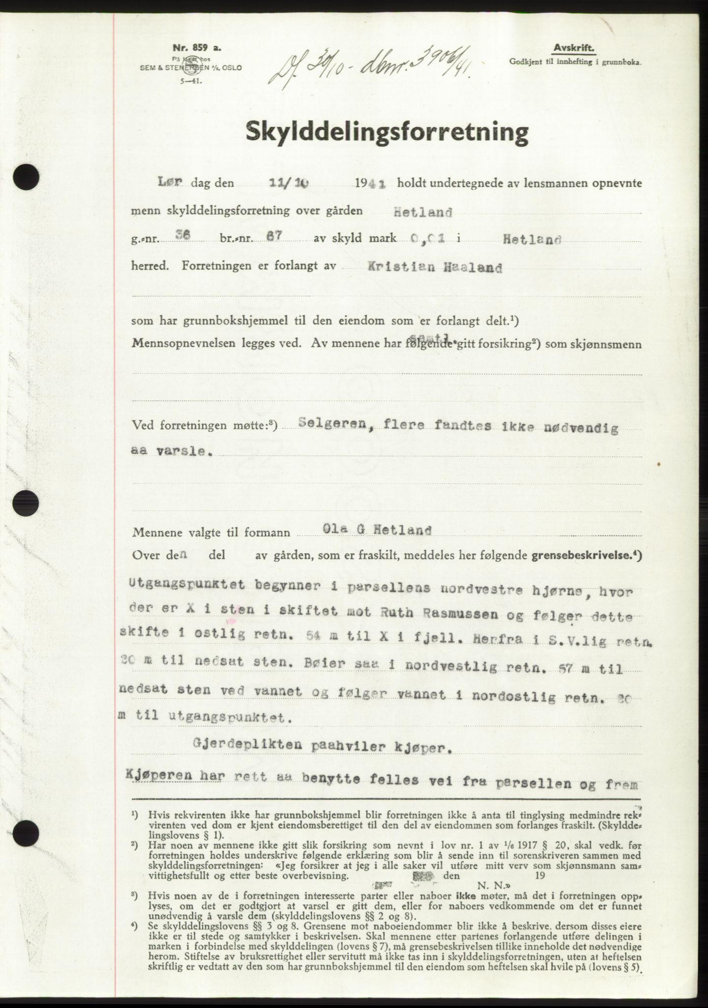 Jæren sorenskriveri, SAST/A-100310/03/G/Gba/L0081: Pantebok, 1941-1941, Dagboknr: 3906/1941