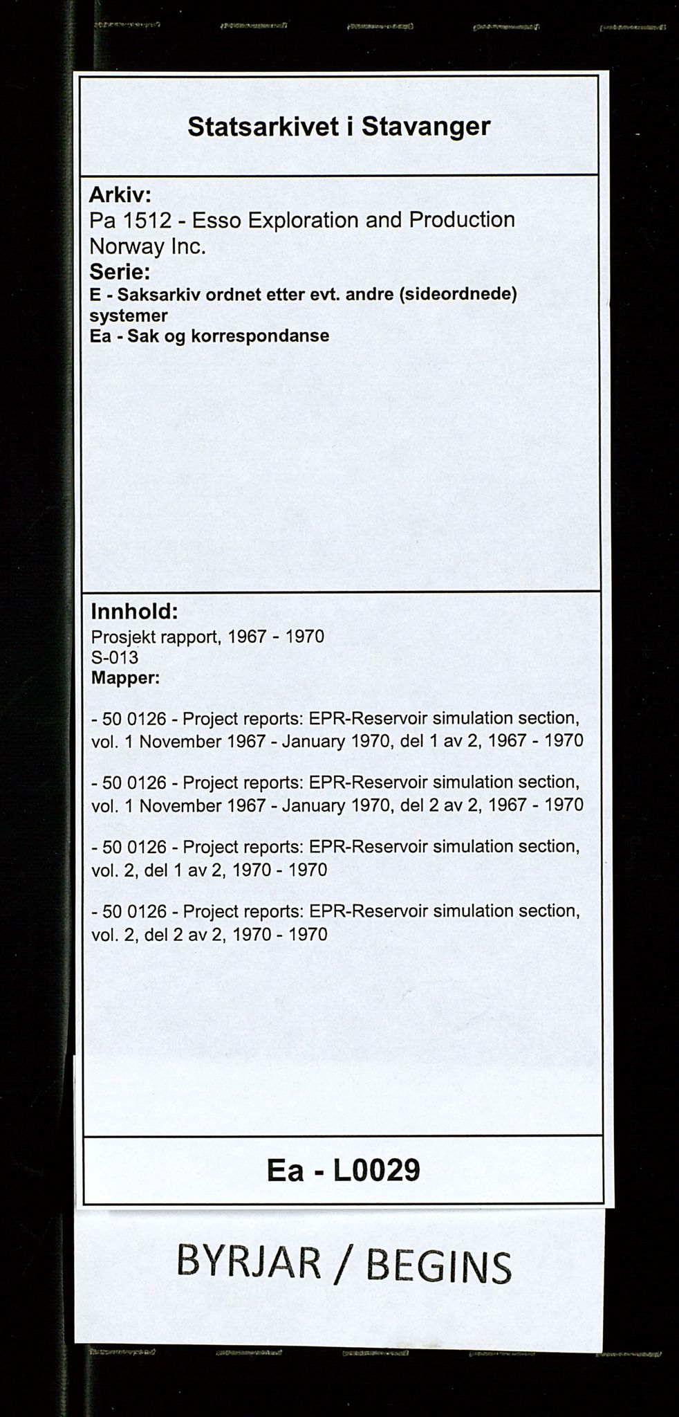 Pa 1512 - Esso Exploration and Production Norway Inc., SAST/A-101917/E/Ea/L0029: Prosjekt rapport, 1967-1970, s. 1