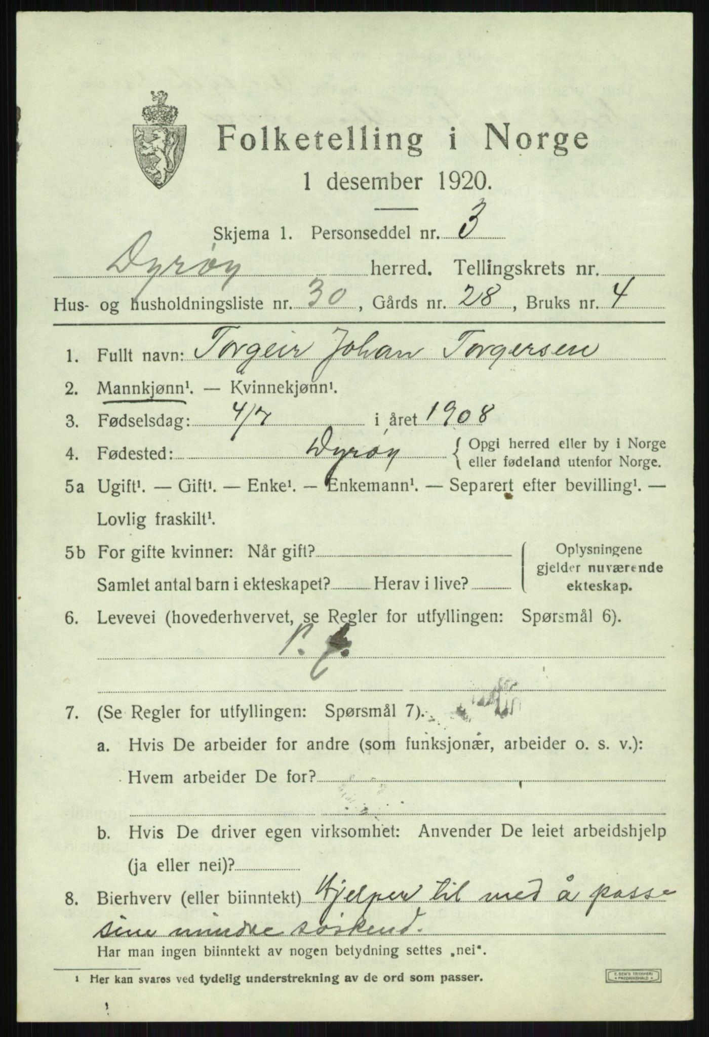 SATØ, Folketelling 1920 for 1926 Dyrøy herred, 1920, s. 3113