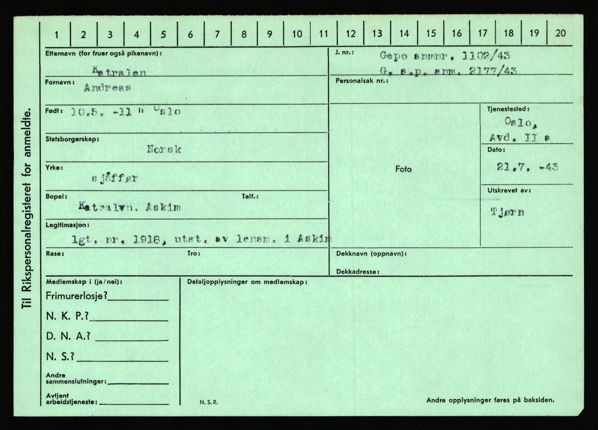 Statspolitiet - Hovedkontoret / Osloavdelingen, AV/RA-S-1329/C/Ca/L0008: Johan(nes)sen - Knoph, 1943-1945, s. 3912