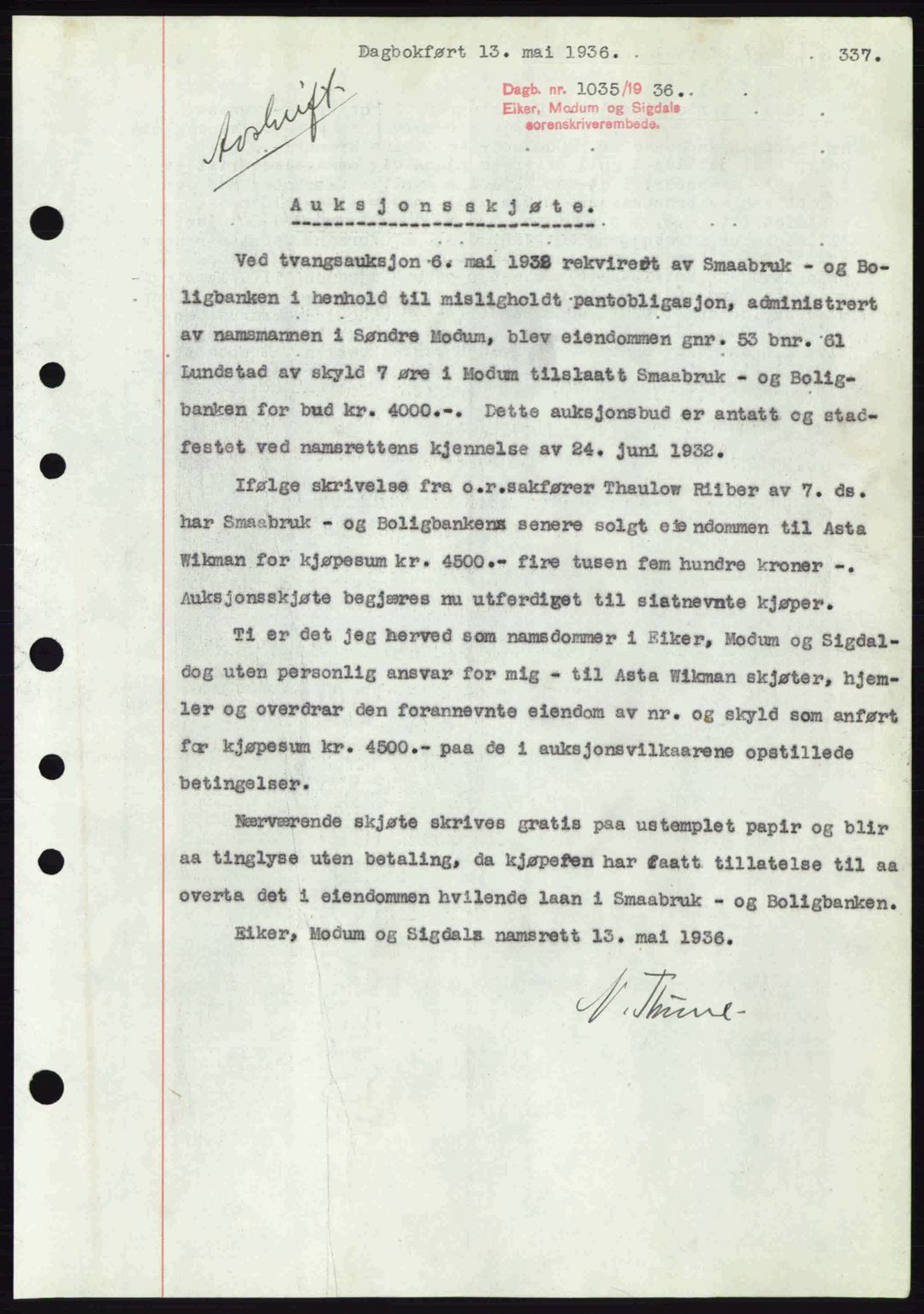 Eiker, Modum og Sigdal sorenskriveri, SAKO/A-123/G/Ga/Gab/L0032: Pantebok nr. A2, 1936-1936, Dagboknr: 1035/1936