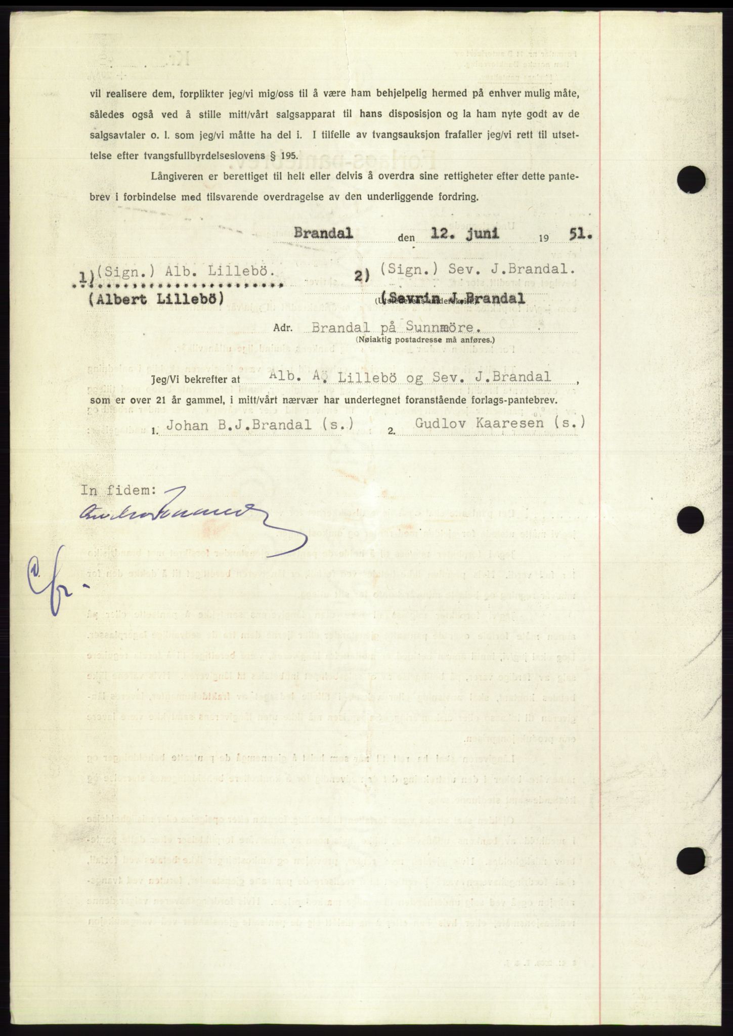 Søre Sunnmøre sorenskriveri, AV/SAT-A-4122/1/2/2C/L0120: Pantebok nr. 8B, 1951-1951, Dagboknr: 1099/1951