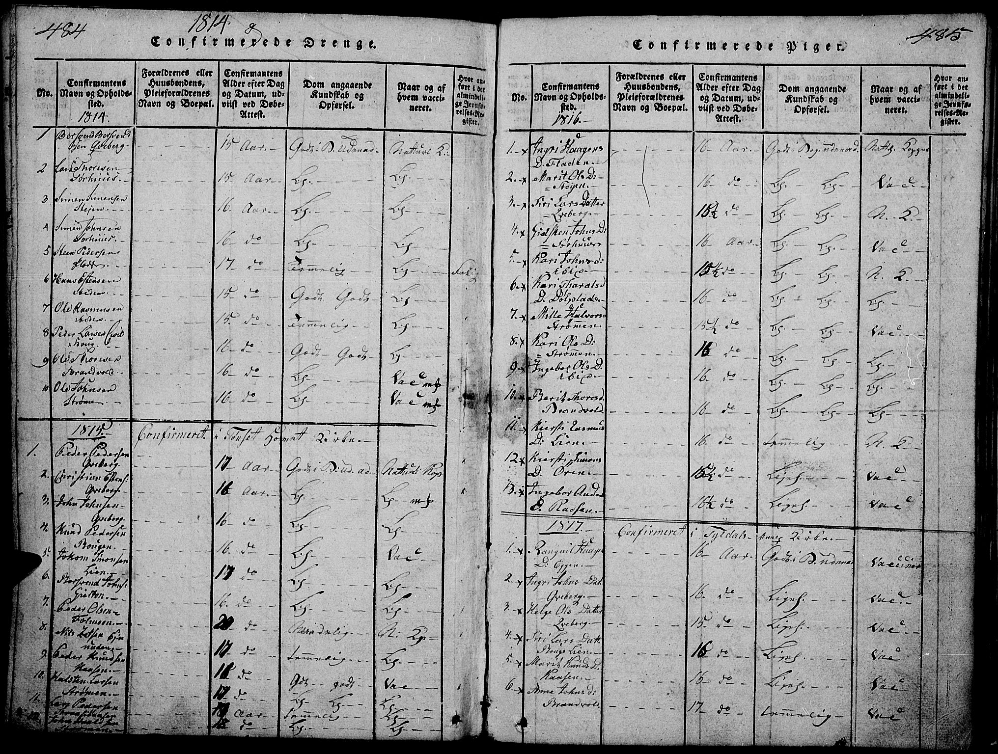 Tynset prestekontor, SAH/PREST-058/H/Ha/Hab/L0002: Klokkerbok nr. 2, 1814-1862, s. 484-485