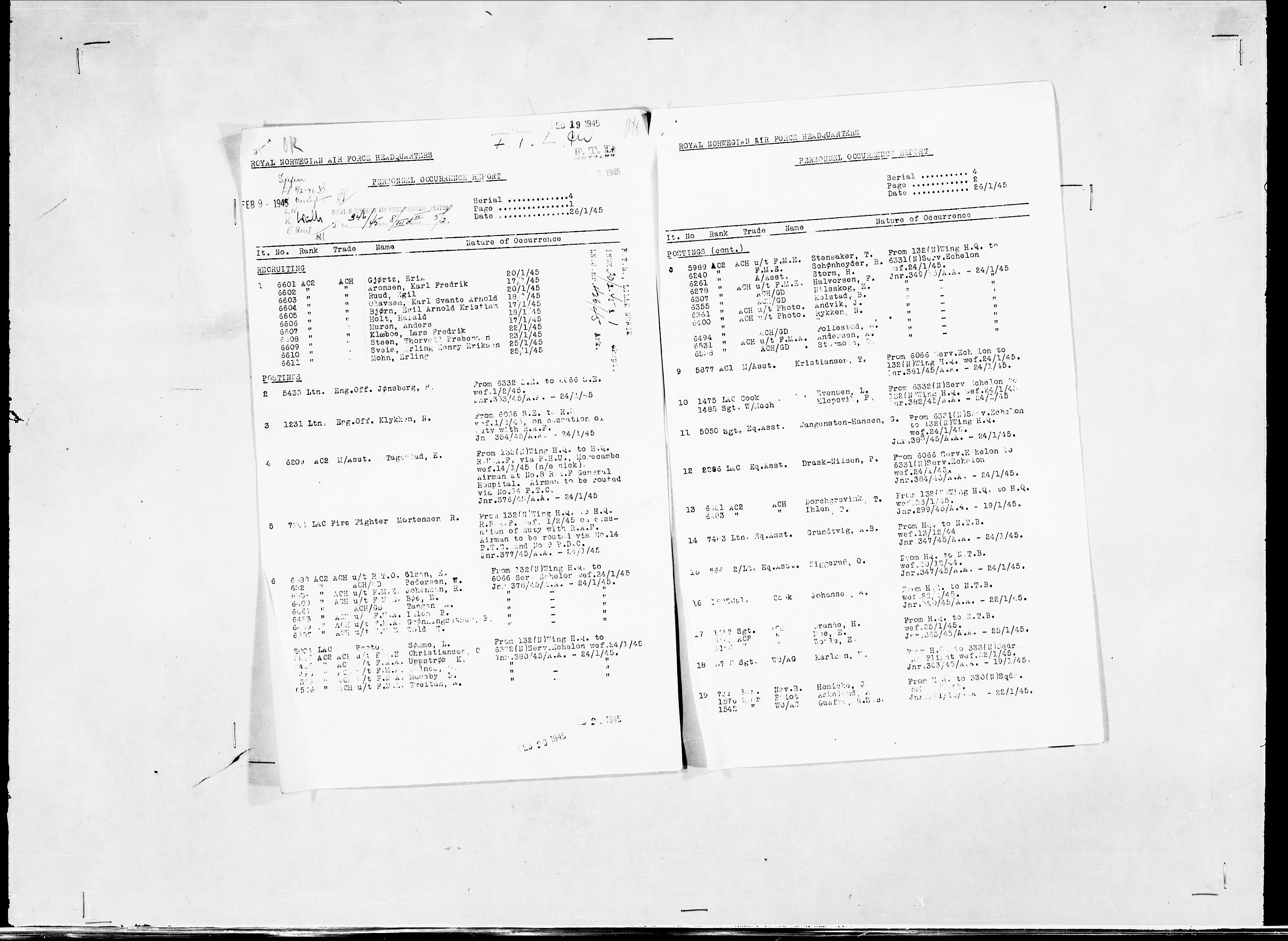 Forsvaret, Flyvåpnenes treningsleir 1940-1945, RA/RAFA-3974/V/L0038: Ekspedisjonskontoret. 8. Personellkontoret, 1940-1945