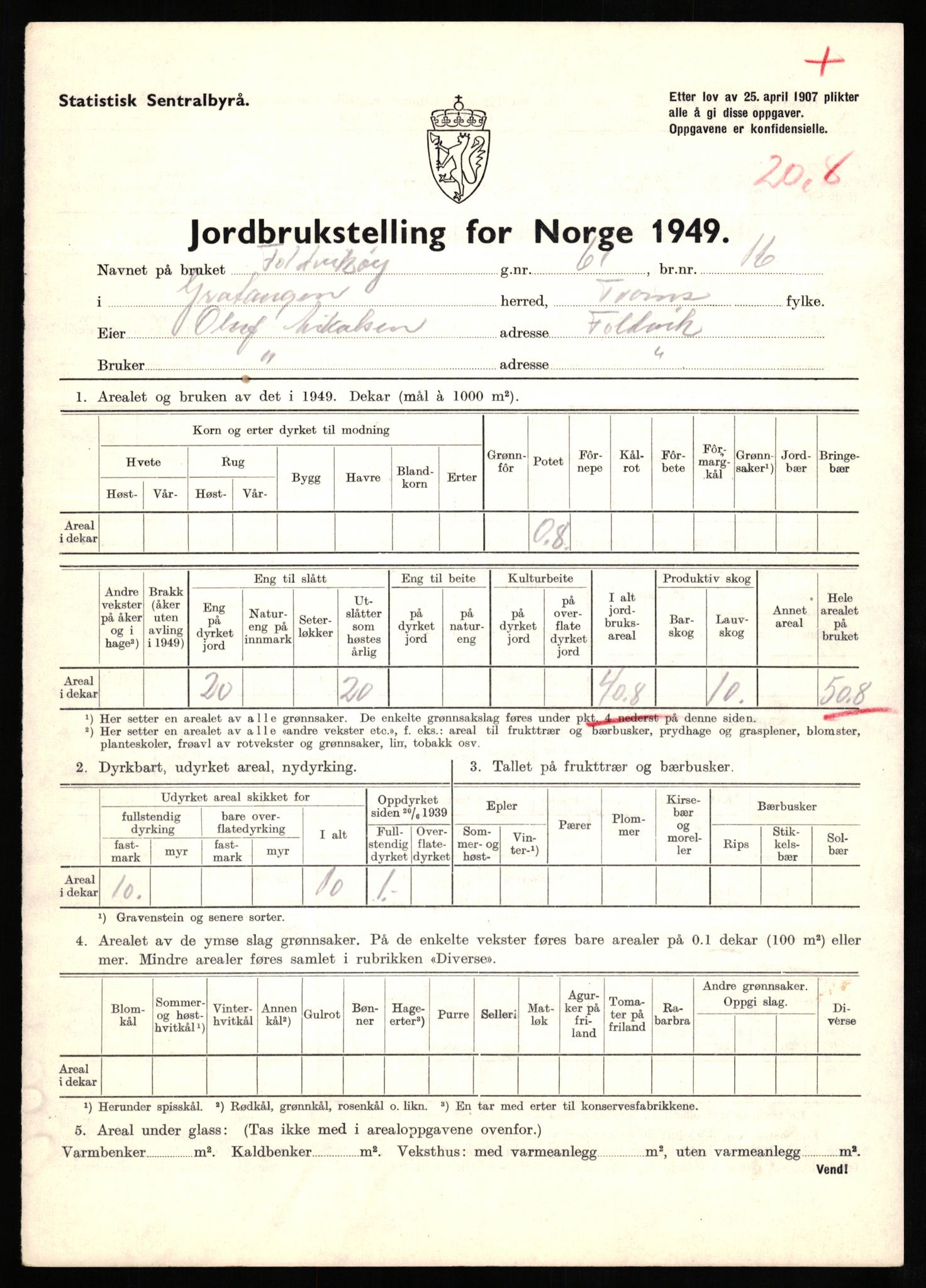 Statistisk sentralbyrå, Næringsøkonomiske emner, Jordbruk, skogbruk, jakt, fiske og fangst, AV/RA-S-2234/G/Gc/L0437: Troms: Gratangen og Lavangen, 1949, s. 1129