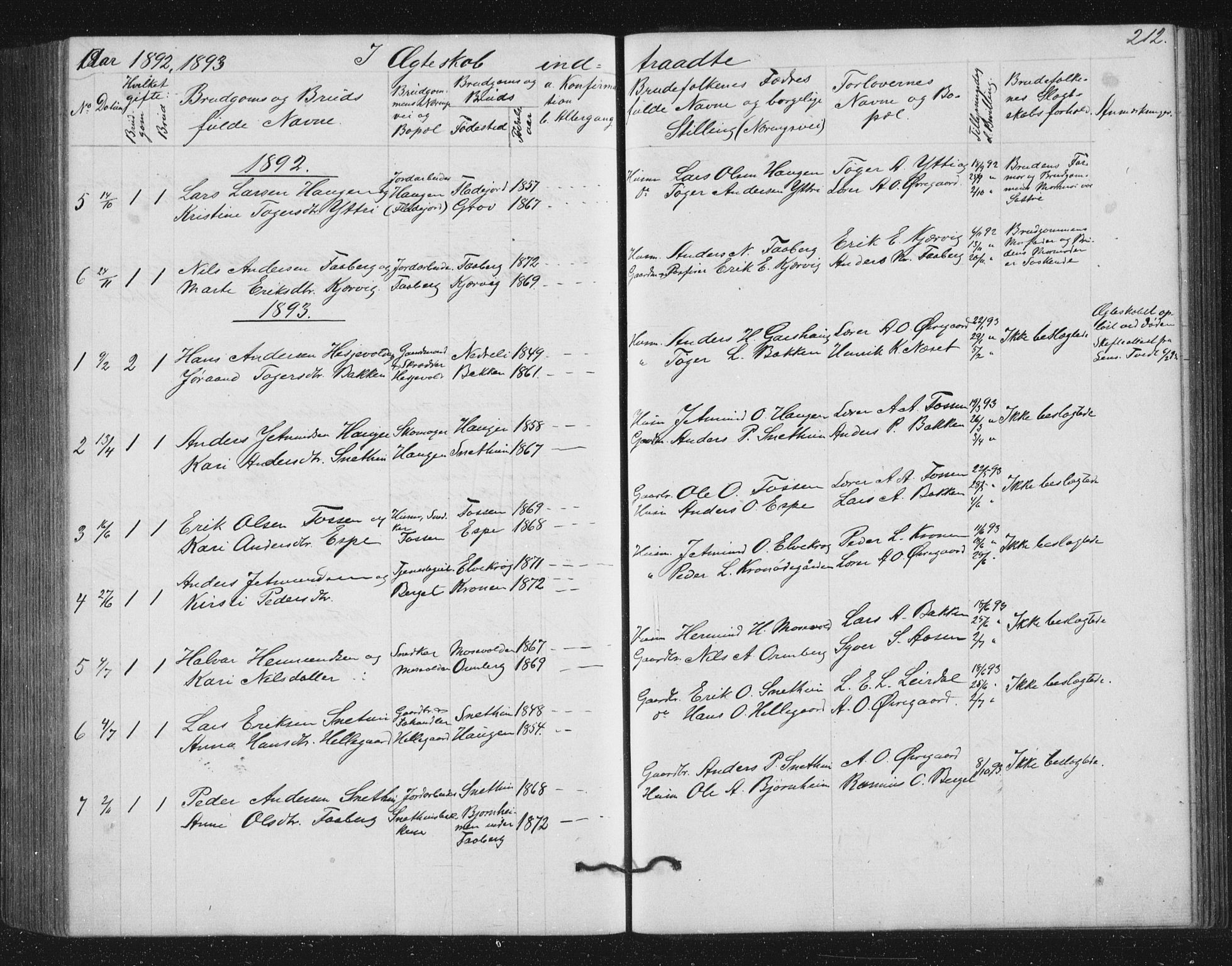 Jostedal sokneprestembete, AV/SAB-A-80601/H/Hab/Haba/L0001: Klokkerbok nr. A 1, 1861-1906, s. 212