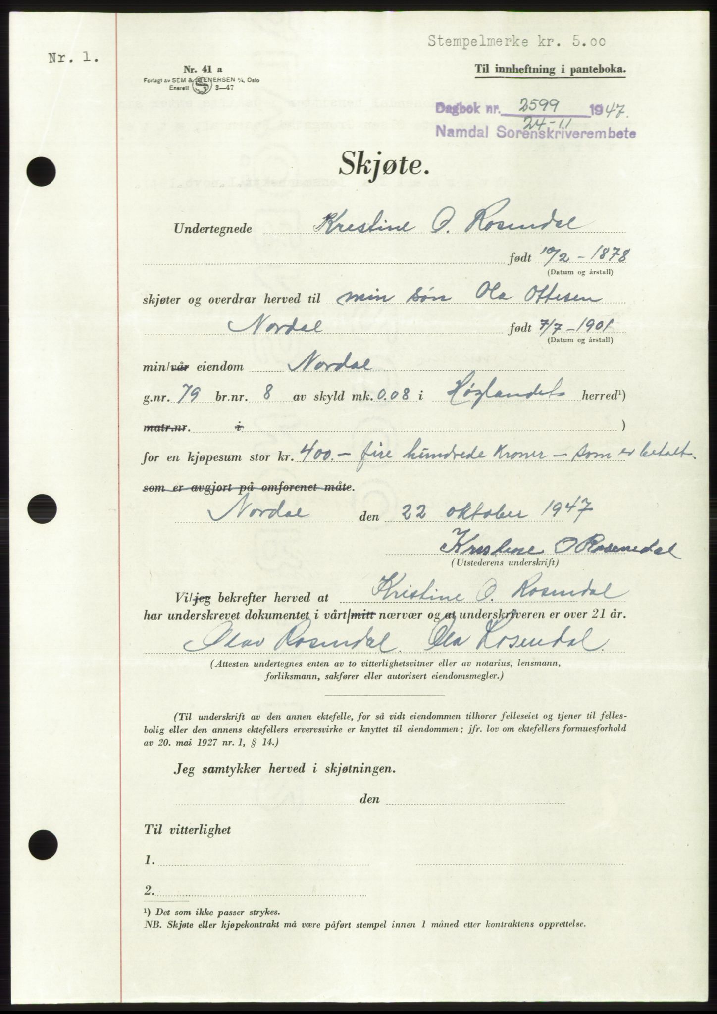 Namdal sorenskriveri, SAT/A-4133/1/2/2C: Pantebok nr. -, 1947-1948, Dagboknr: 2599/1947