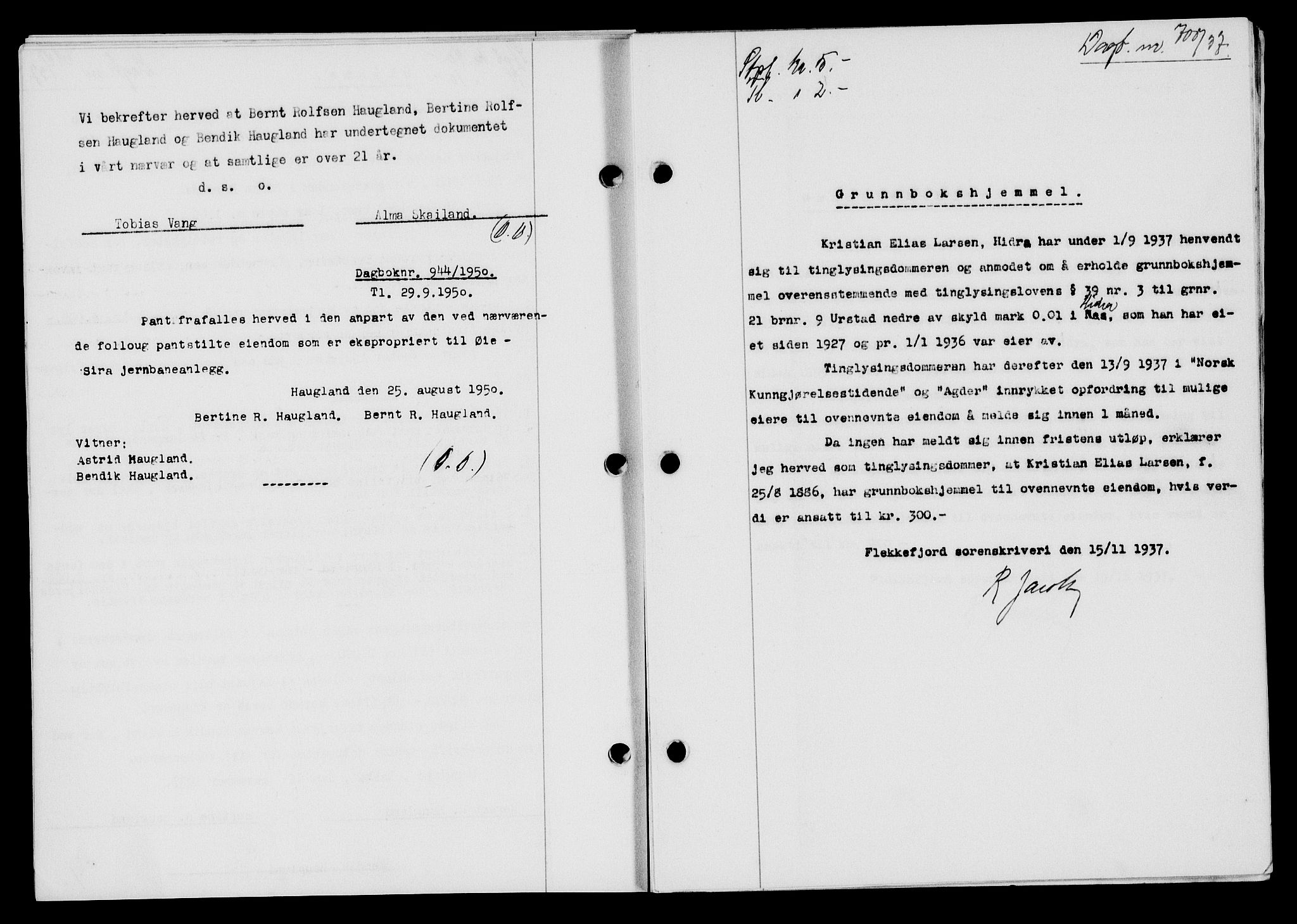 Flekkefjord sorenskriveri, SAK/1221-0001/G/Gb/Gba/L0054: Pantebok nr. A-2, 1937-1938, Dagboknr: 700/1937