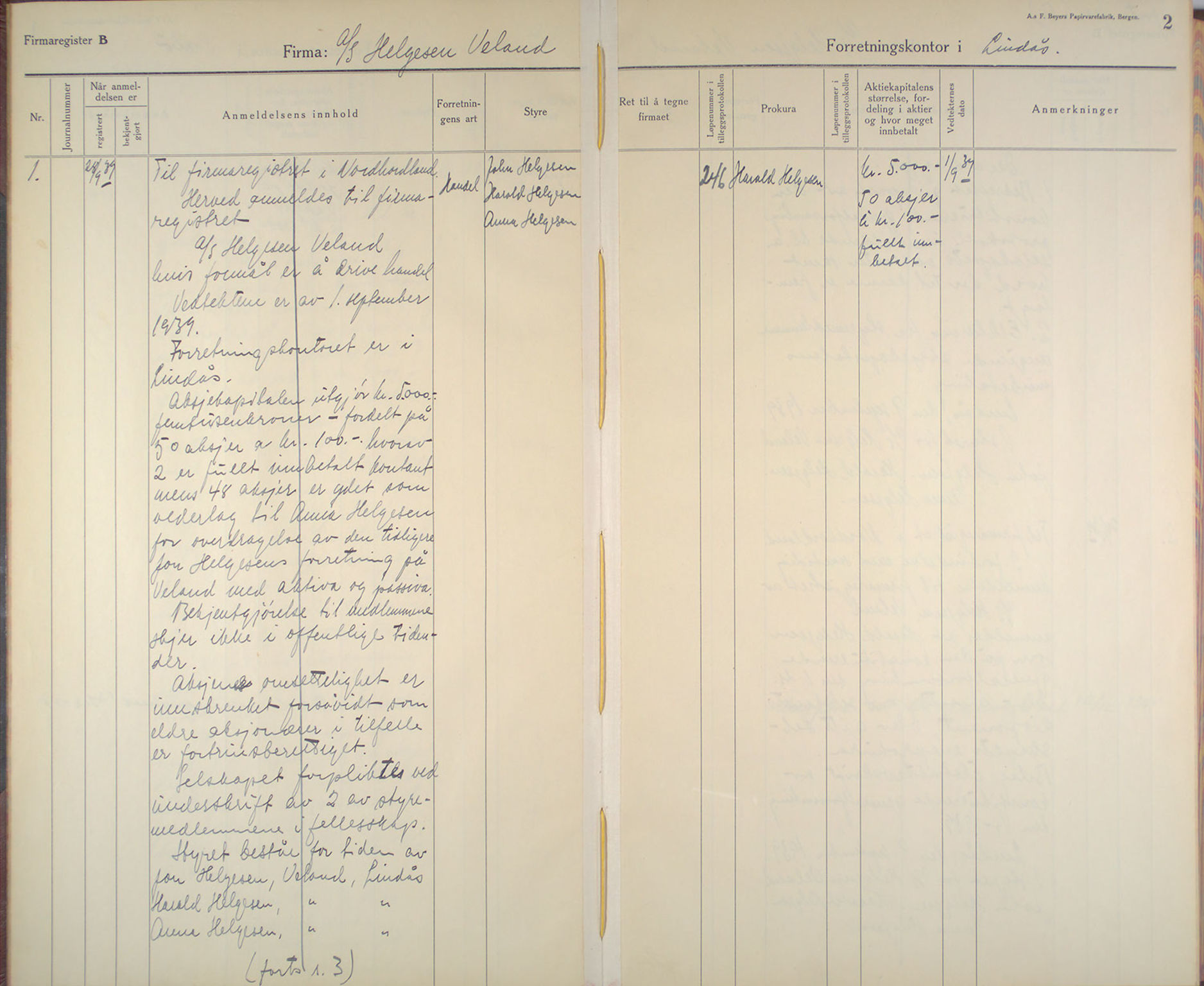 Nordhordland sorenskrivar, AV/SAB-A-2901/1/L/Lb/L0004: Aksjeselskap, 1939-1943, s. 2