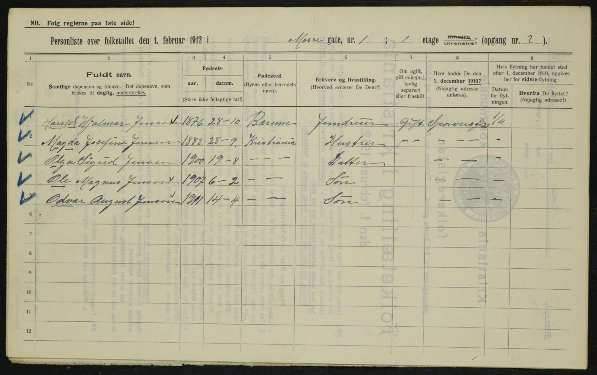 OBA, Kommunal folketelling 1.2.1912 for Kristiania, 1912, s. 66168