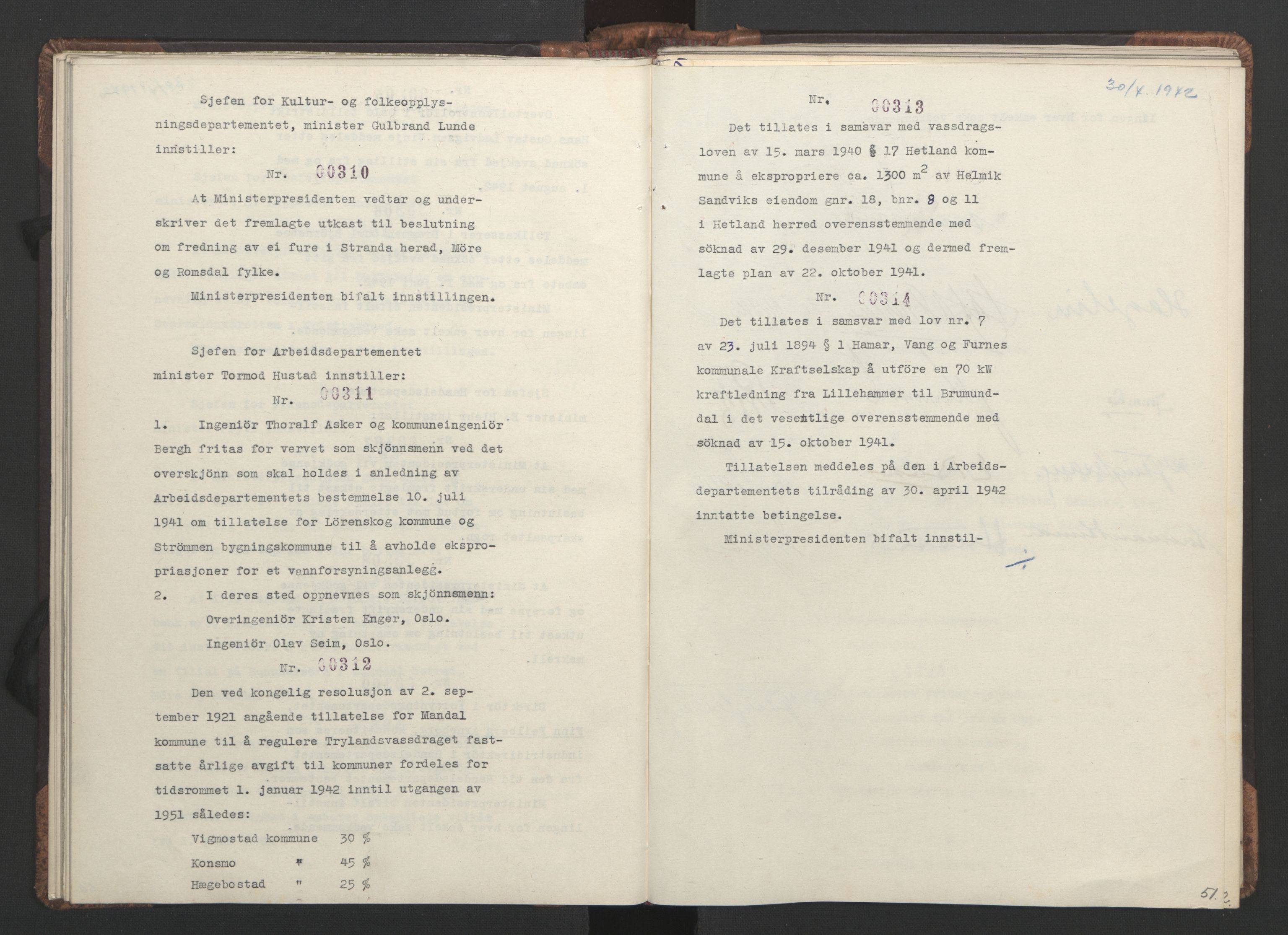 NS-administrasjonen 1940-1945 (Statsrådsekretariatet, de kommisariske statsråder mm), RA/S-4279/D/Da/L0001: Beslutninger og tillegg (1-952 og 1-32), 1942, s. 54