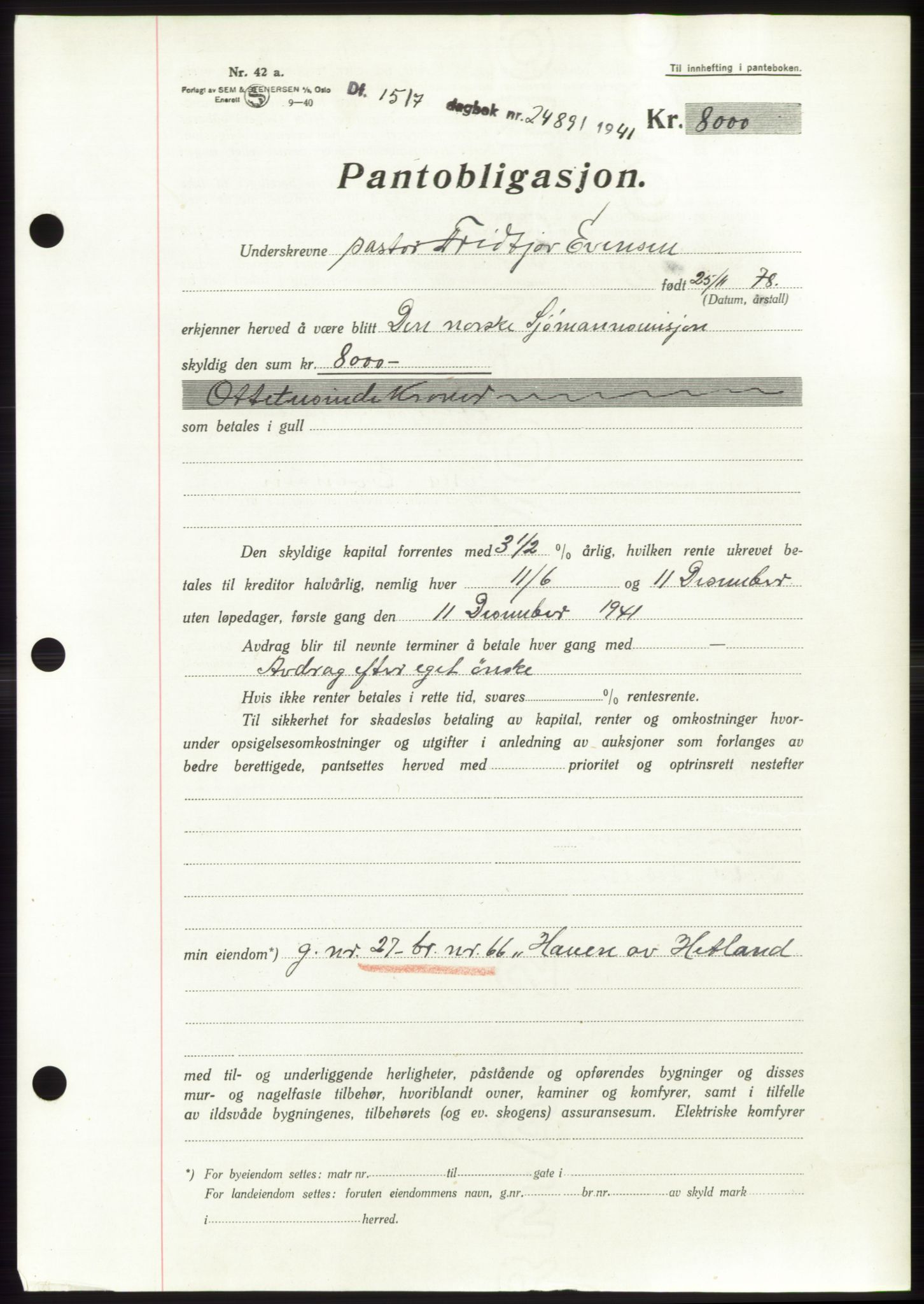 Jæren sorenskriveri, SAST/A-100310/03/G/Gba/L0080: Pantebok, 1941-1941, Dagboknr: 2489/1941
