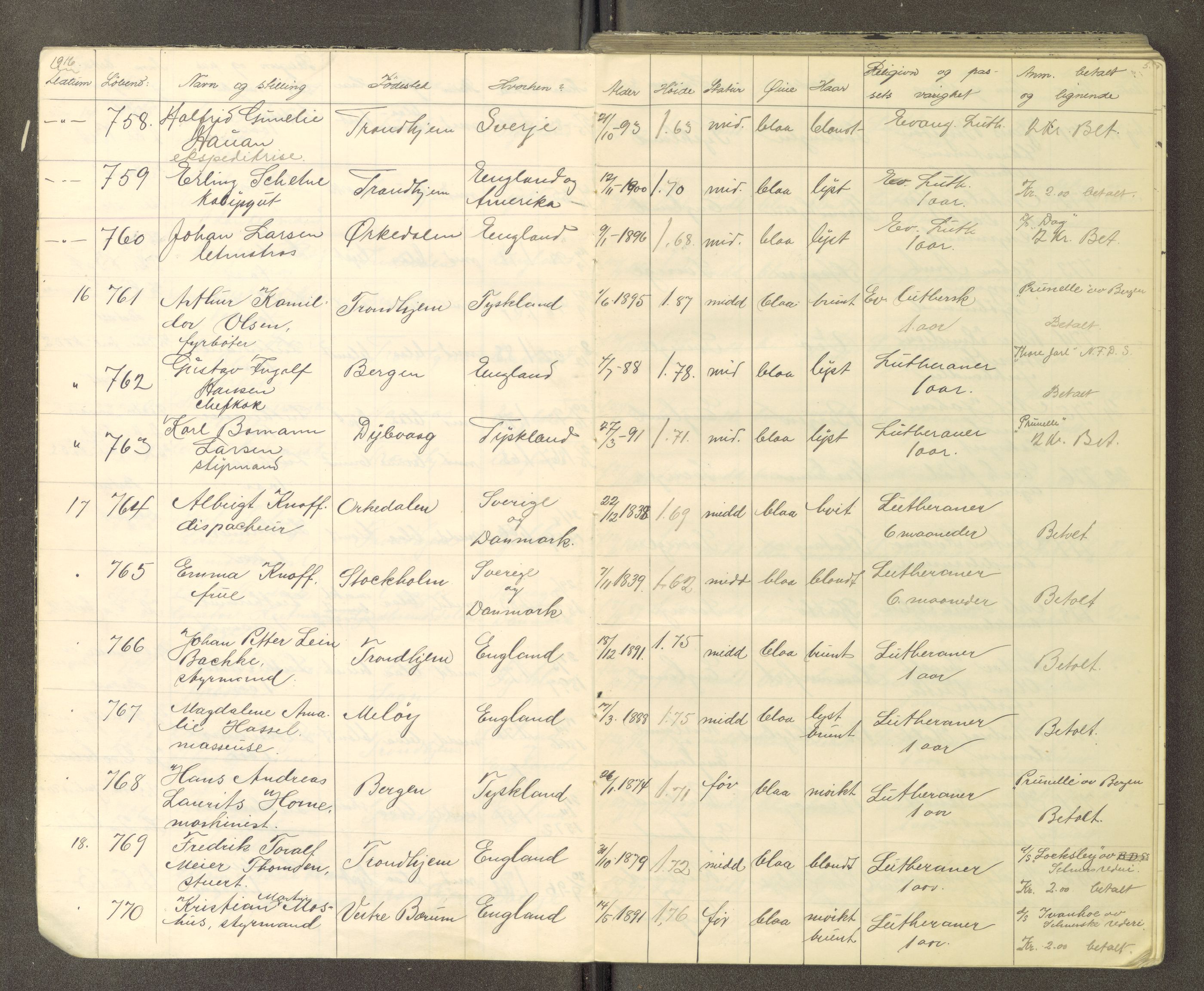 Trondheim politikammer, AV/SAT-A-1887/1/30/L0015: Passprotokoll. Utstedte pass, 1916-1918, s. 5